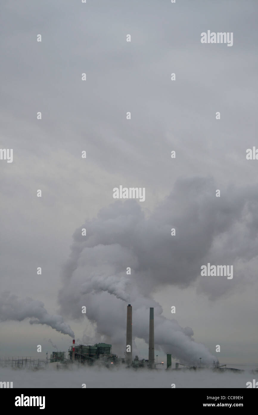 Kohlekraftwerk Kraftwerk an einem grauen, bewölkten Tag mit nebligen Vordergrund Stockfoto