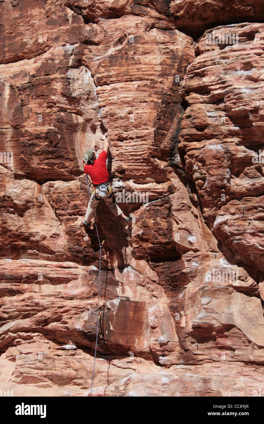 eine männliche Kletterer in rot führt auf einer Sandstein-Klippe bei Red Rocks, Nevada Stockfoto
