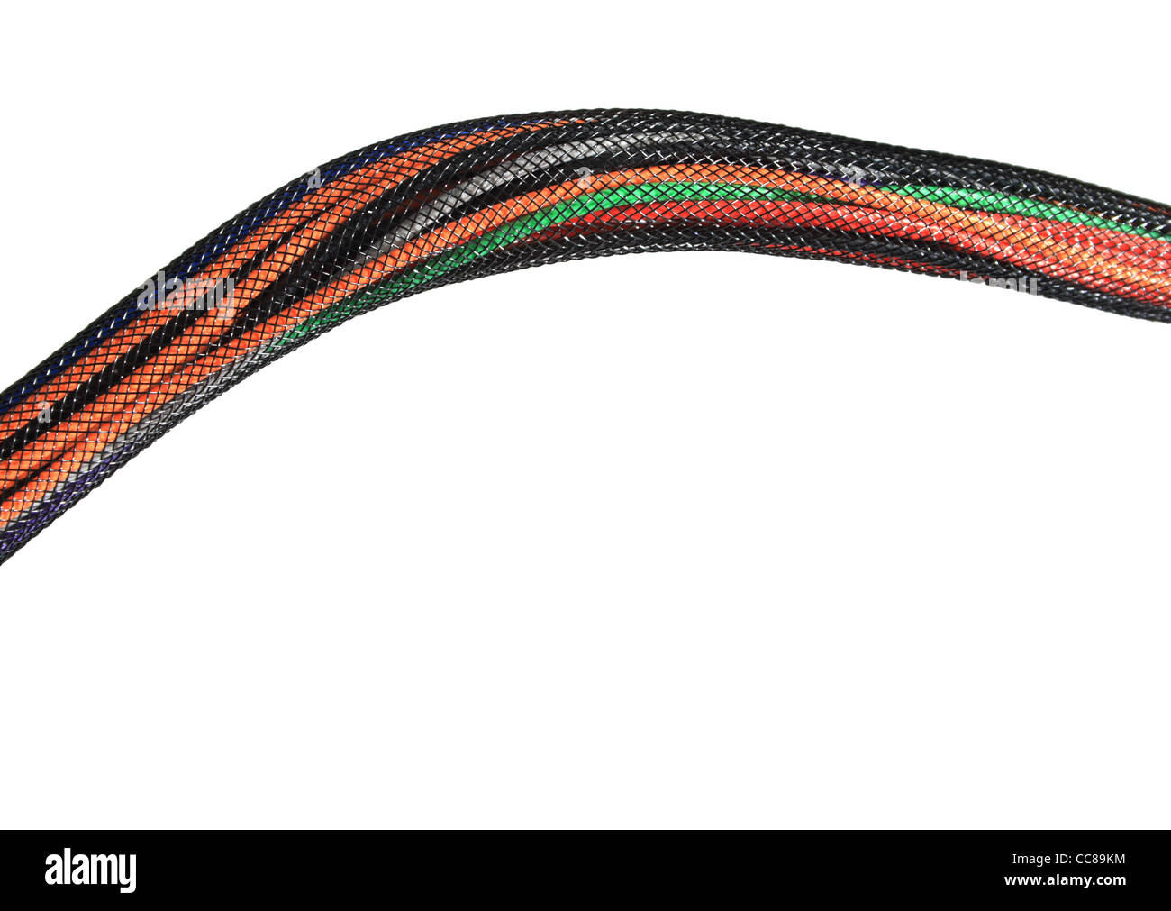 farbigen Leitungen gebündelt in schwarzem Netz isoliert auf weiss mit Textfreiraum Stockfoto