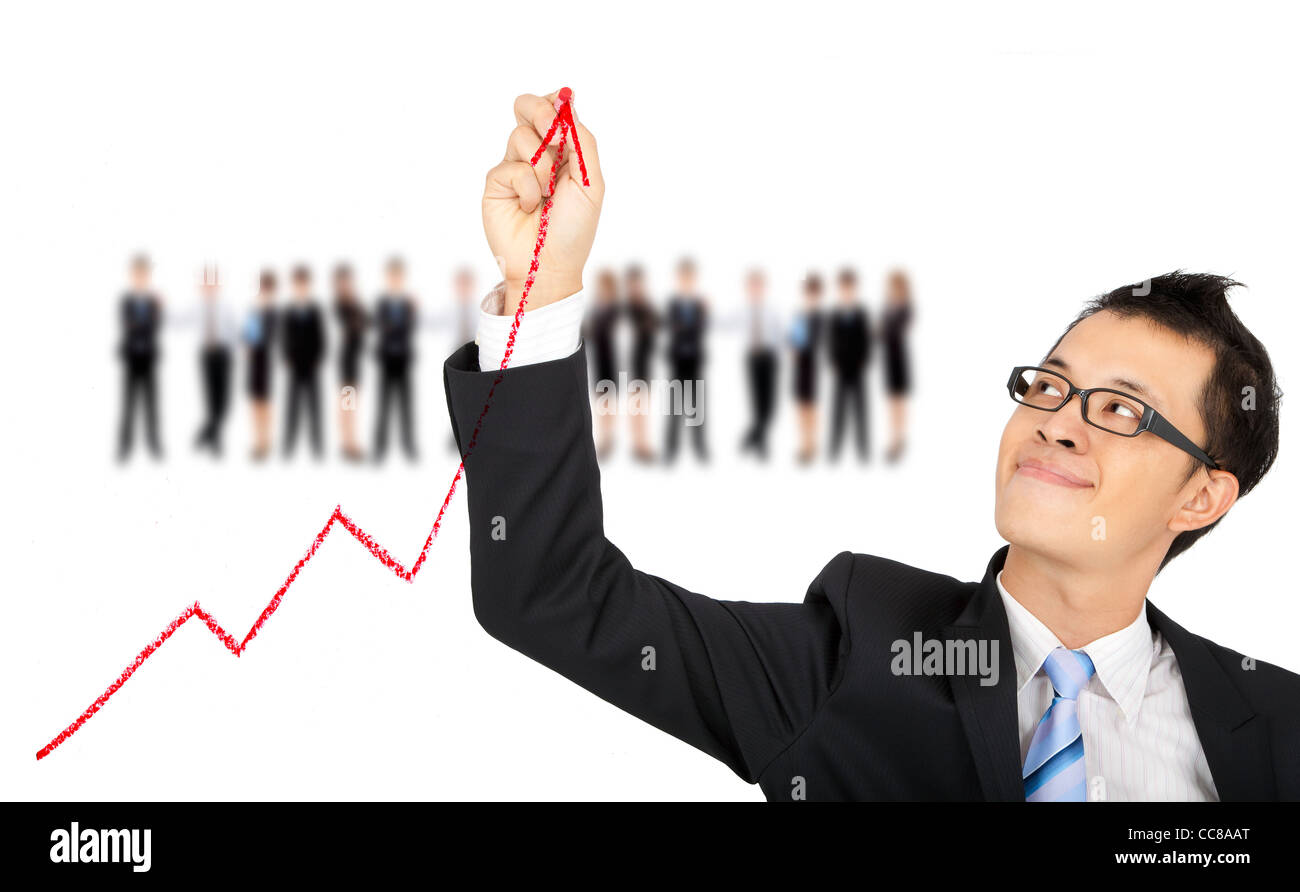 Geschäftsmann, Business-Grafik mit roter Kreide zeichnen Stockfoto