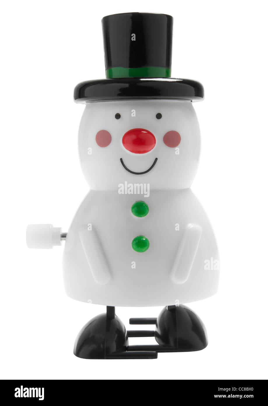 Aufziehbare Uhrwerk Spielzeug Schneemann Weihnachtsdekoration auf weißem Hintergrund Stockfoto