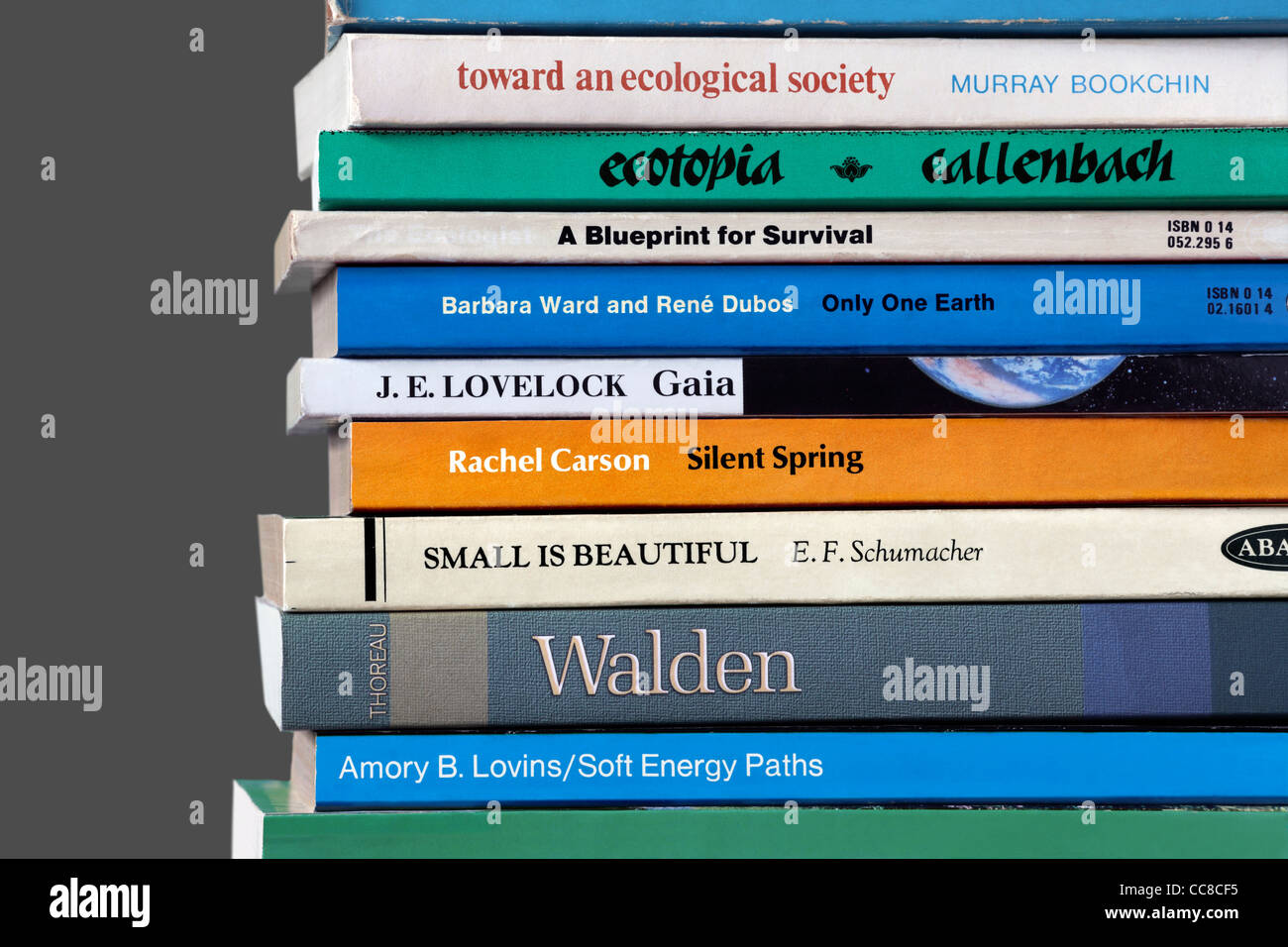 Eine Auswahl an Büchern in Umweltfragen, einschließlich der historischen Titeln, die die grüne Bewegung beeinflusst haben. Stockfoto
