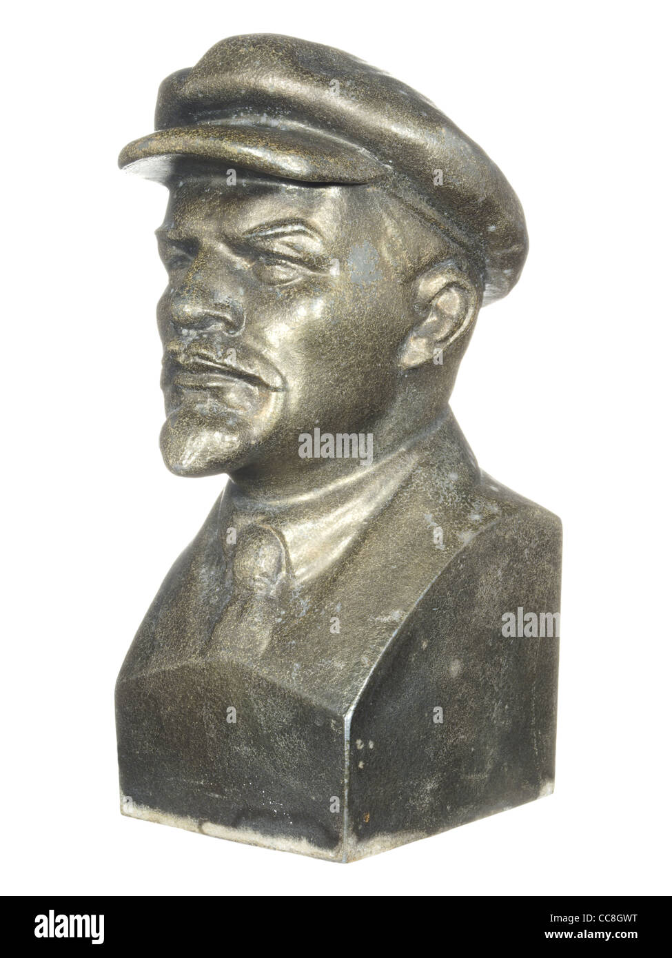 Alte Bronze-Büste von Lenin isoliert auf weißem Hintergrund. Stockfoto