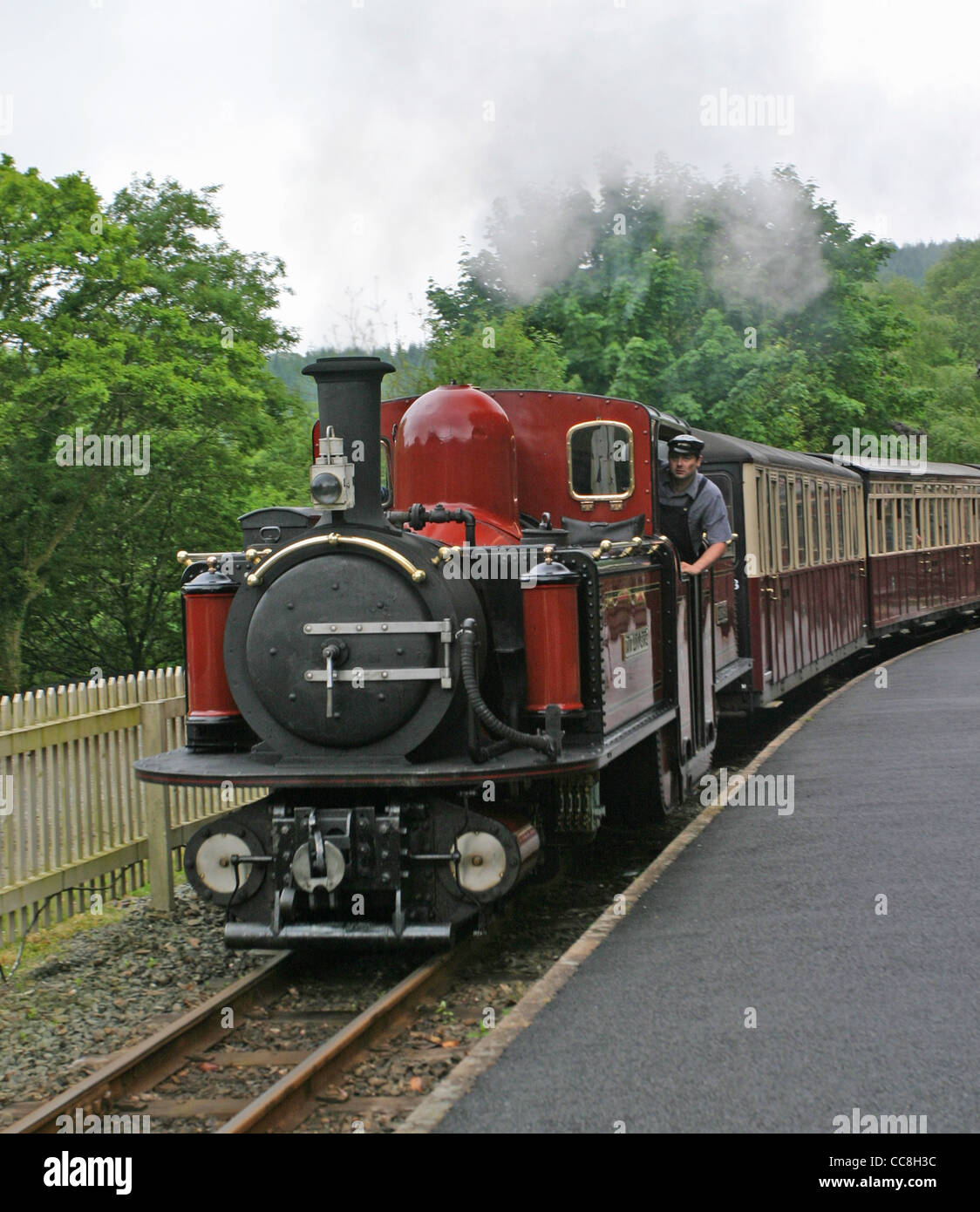 Wieder Eisenbahn doppelseitigen Fairlie Lokomotive David Lloyd George Baujahr 1992 auf dem Zug am Bahnhof Tan-y-Bwlch Stockfoto