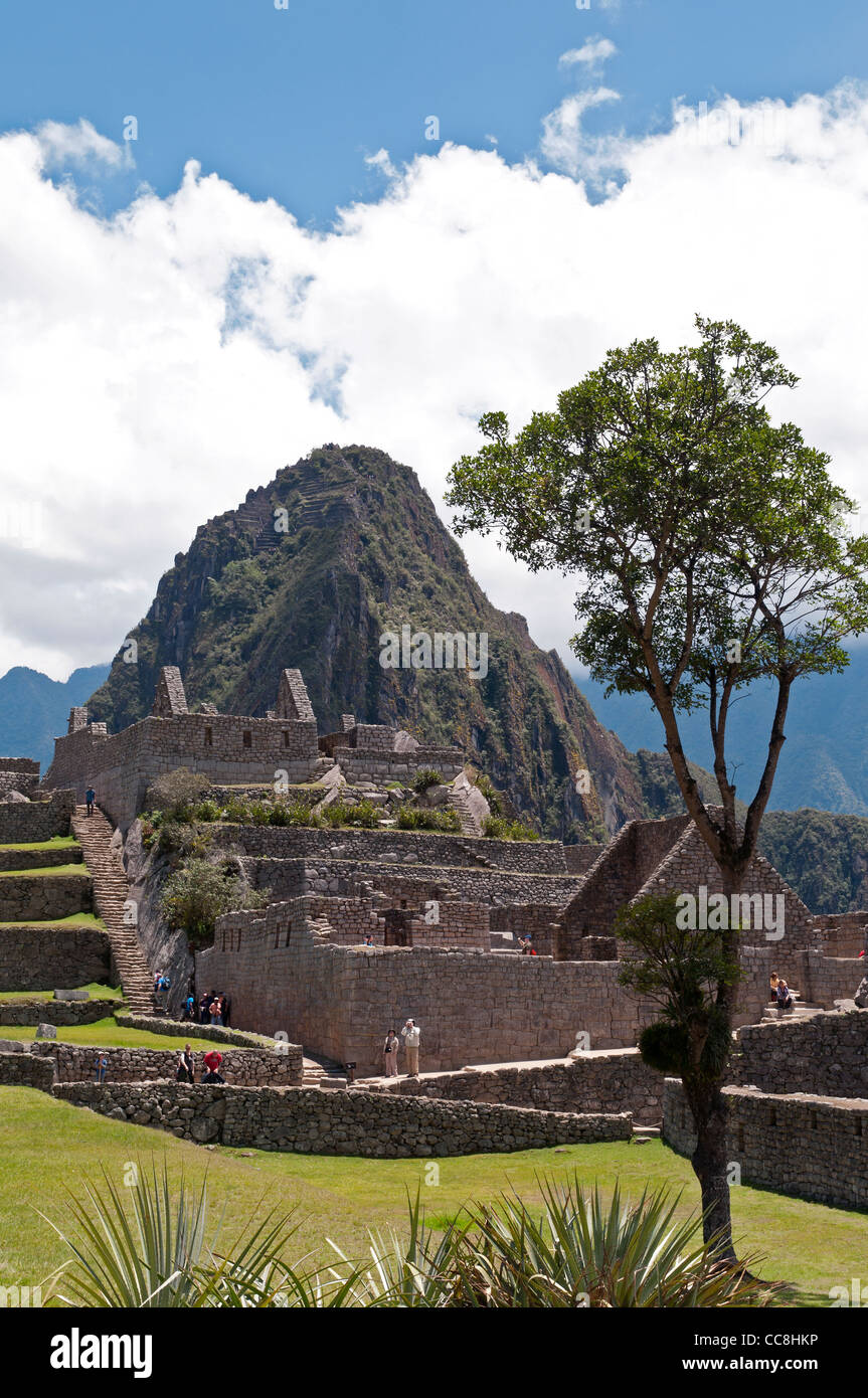Machu Picchu, Peru. In der Nähe der Hauptplatz, Huayna Picchu im Hintergrund. Stockfoto
