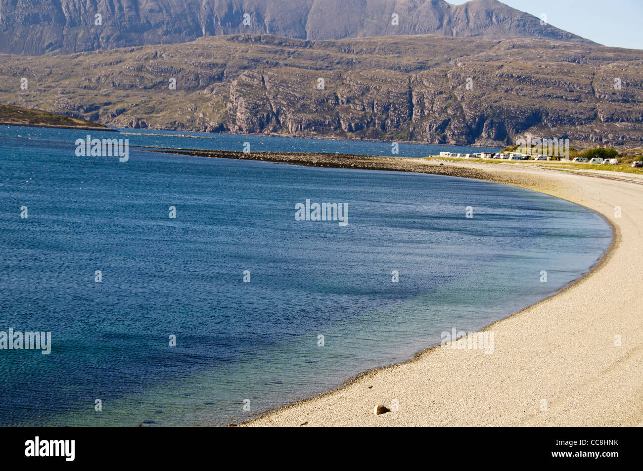 Gruinard Bay Strand, Campingplatz, Grunard Insel, Wester Ross, A832 Küstenstraße, North West Schottland Stockfoto