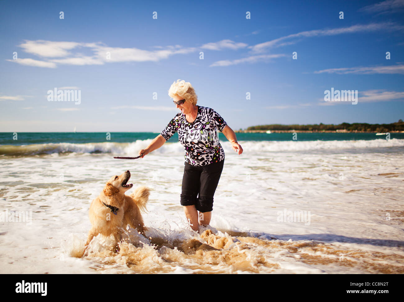 Glückliche Frau spielen am Strand mit golden retriever Stockfoto