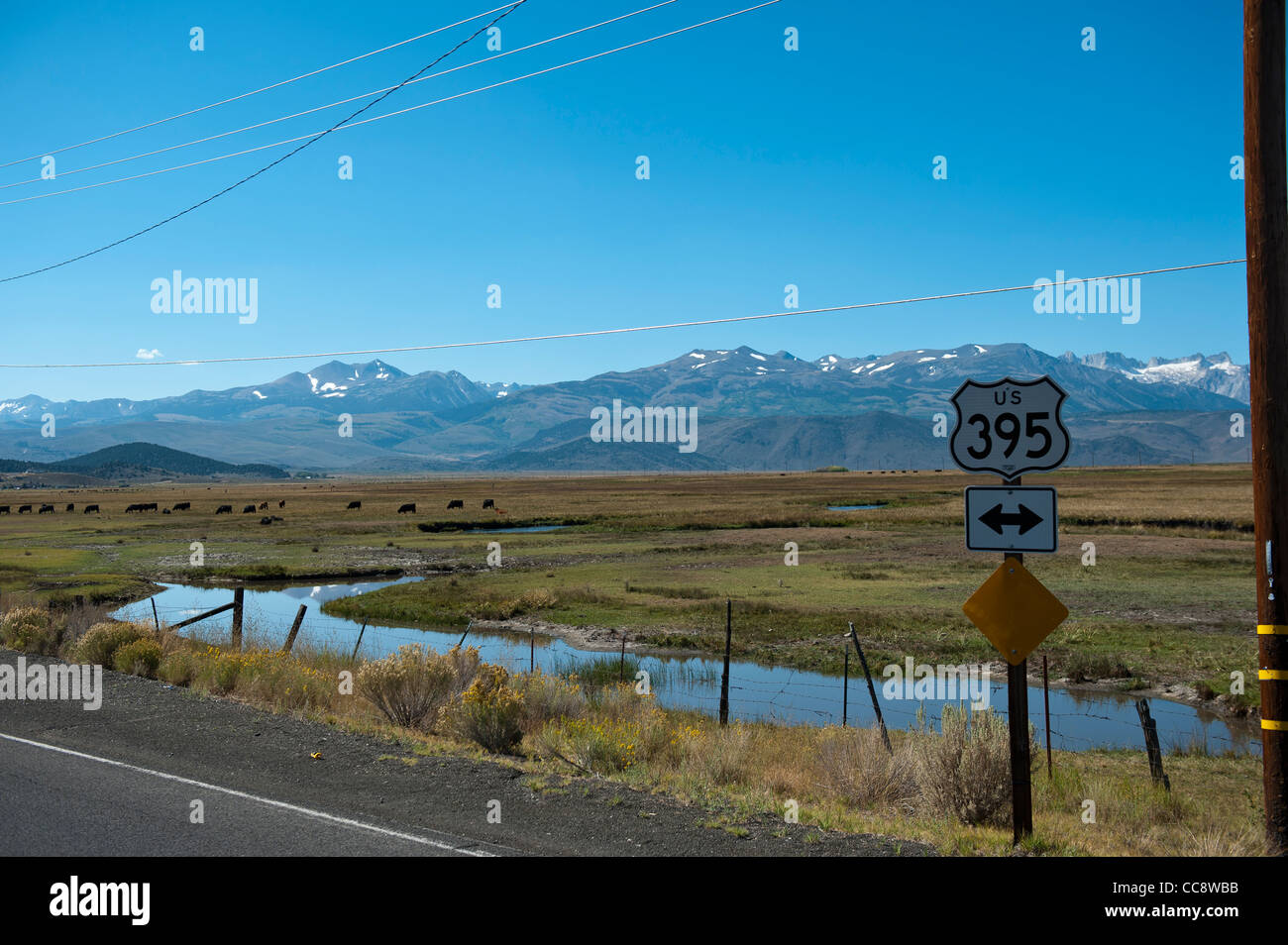 Bridgeport-Tal und Sierras von Highway 395 in der Nähe von Bridgeport. Stockfoto