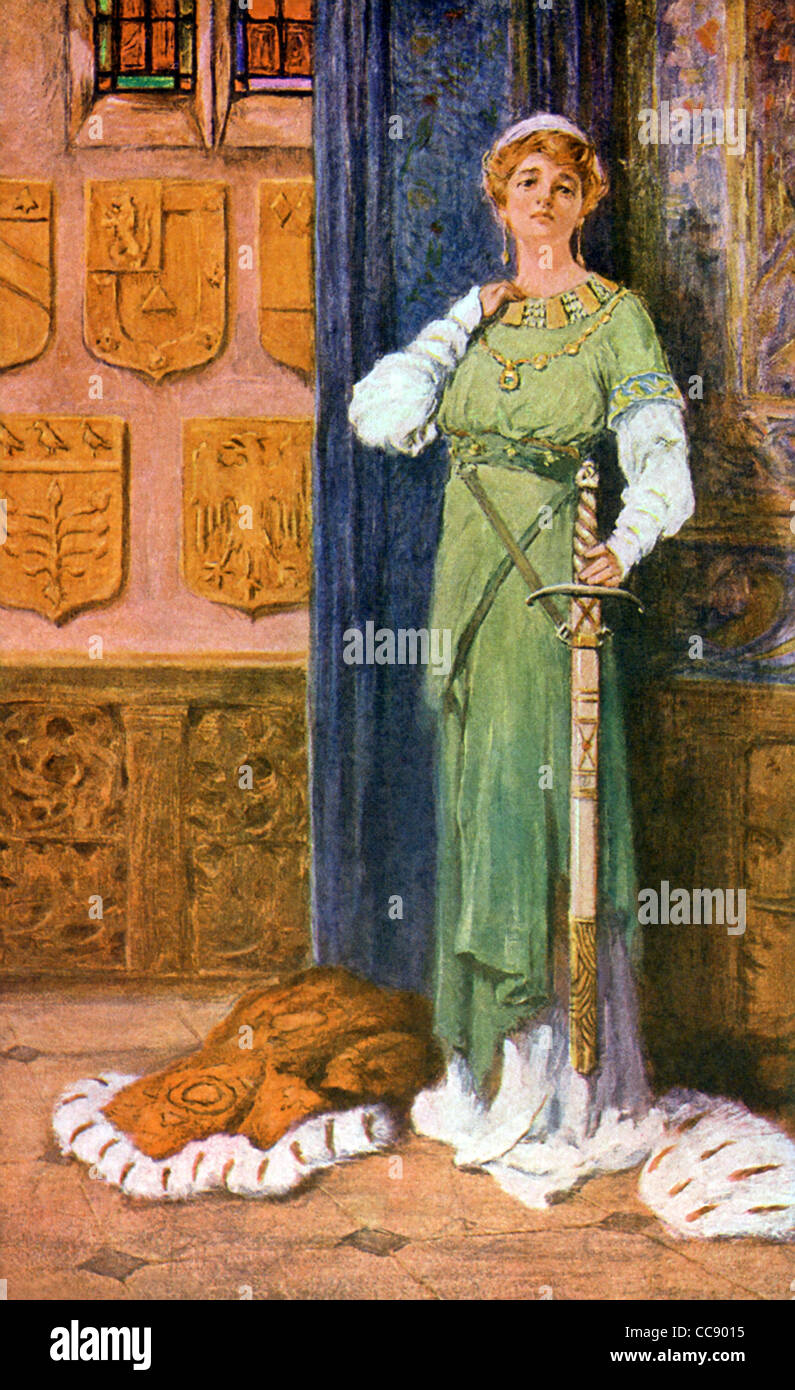 Eine Jungfrau Camelot betritt und sagt, dass das Schwert wird bei ihr zu bleiben, bis ein Ritter kommt, die es dauern kann. Stockfoto