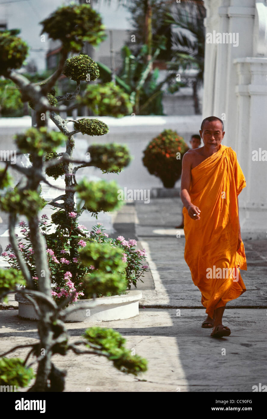 Rauchen buddhistischer Mönch in Safranrobe, ein Spaziergang in einem Tempel, Bangkok, Thailand Stockfoto