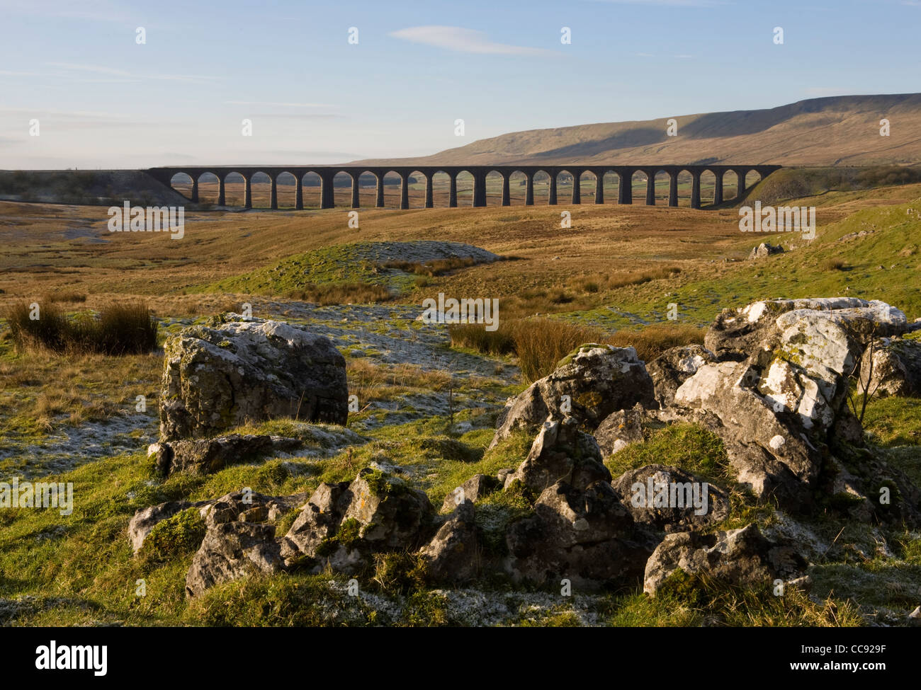 Kalkstein Pflaster bei Ribblehead-Viadukt über den Fluss Ribble bei Ribblehead, Chapel-le-Dale in North Yorkshire, Großbritannien Stockfoto