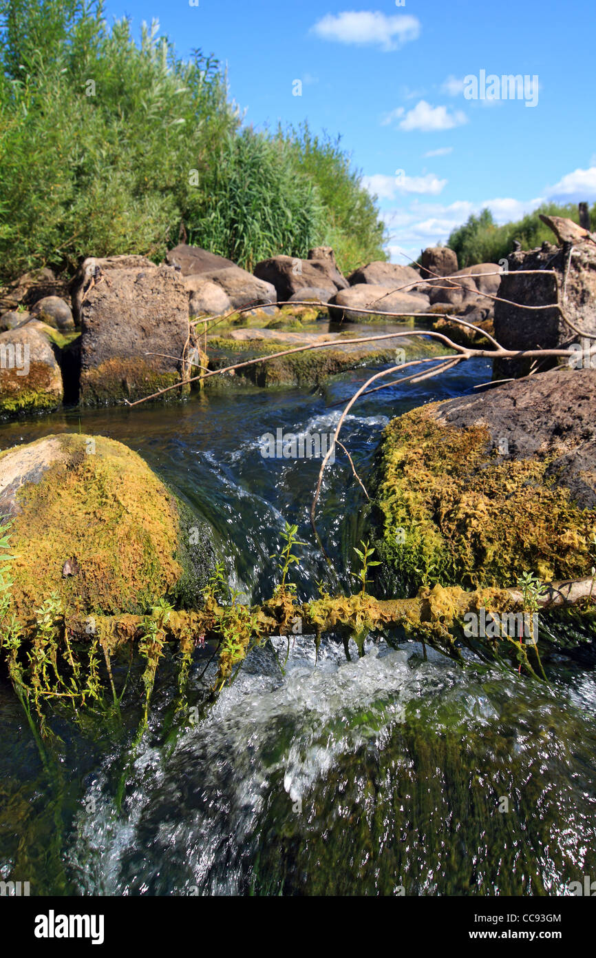 größere Stein auf Bergfluss Stockfoto