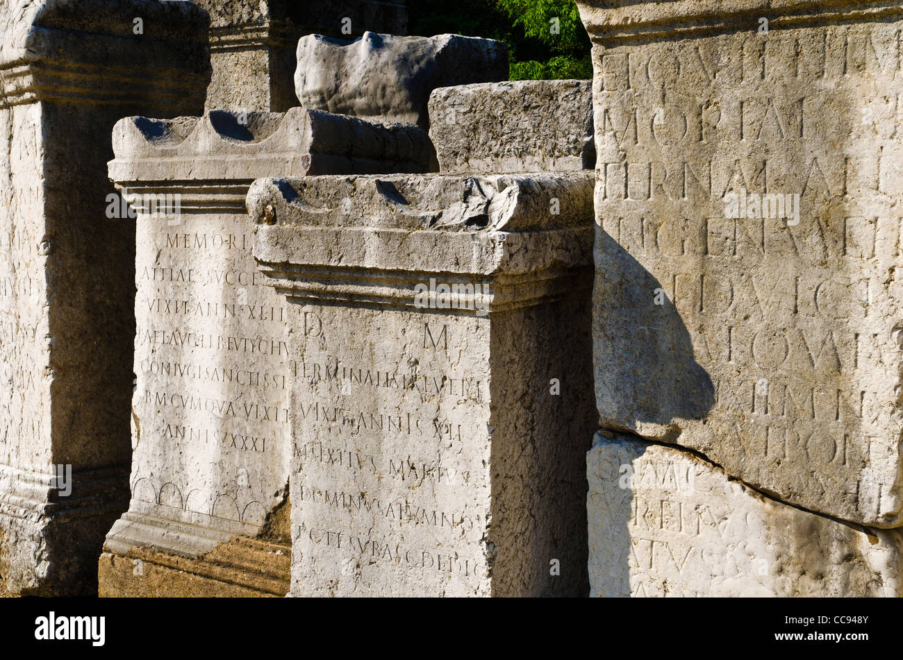 Gravierte Säulen im römischen Theater am Hügel Fourvière, Lyon, Frankreich (UNESCO-Weltkulturerbe) Stockfoto