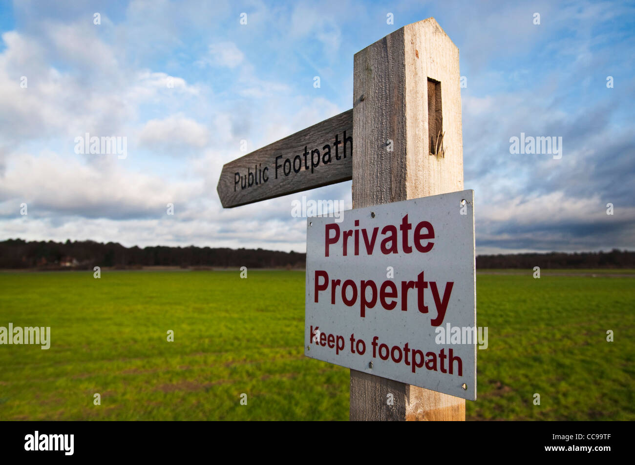 Öffentlichen Fußweg Finger Post mit Privateigentum Schild angebracht von Gutsbesitzer Stockfoto