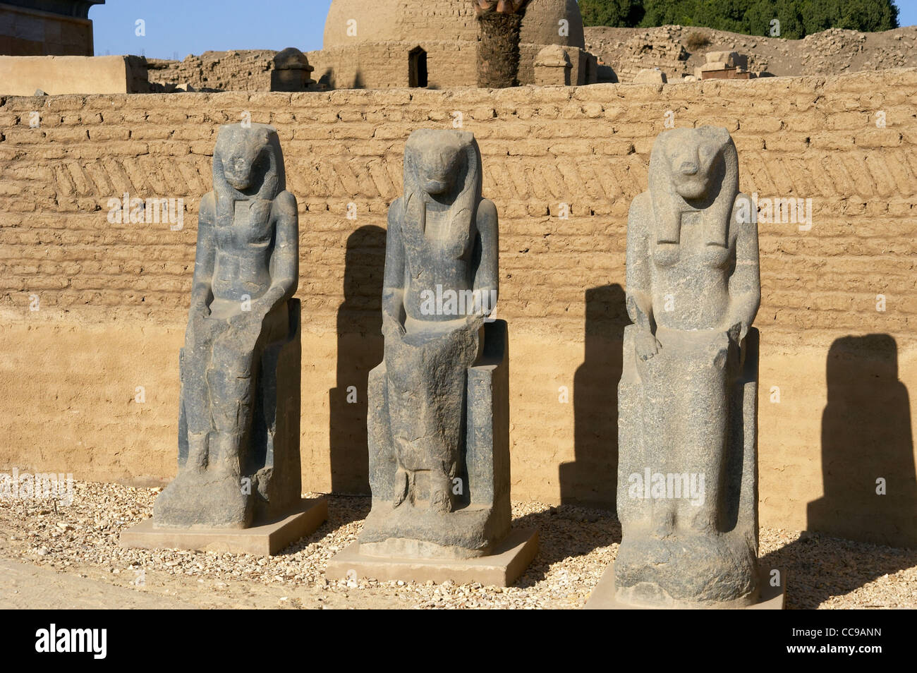 Statuen der Göttin Sachmet mit Leiter der Löwin und Sonnenscheibe dargestellt. Bezirk von Mut. Karnak-Tempel-Komplex. Luxor. Ägypten. Stockfoto