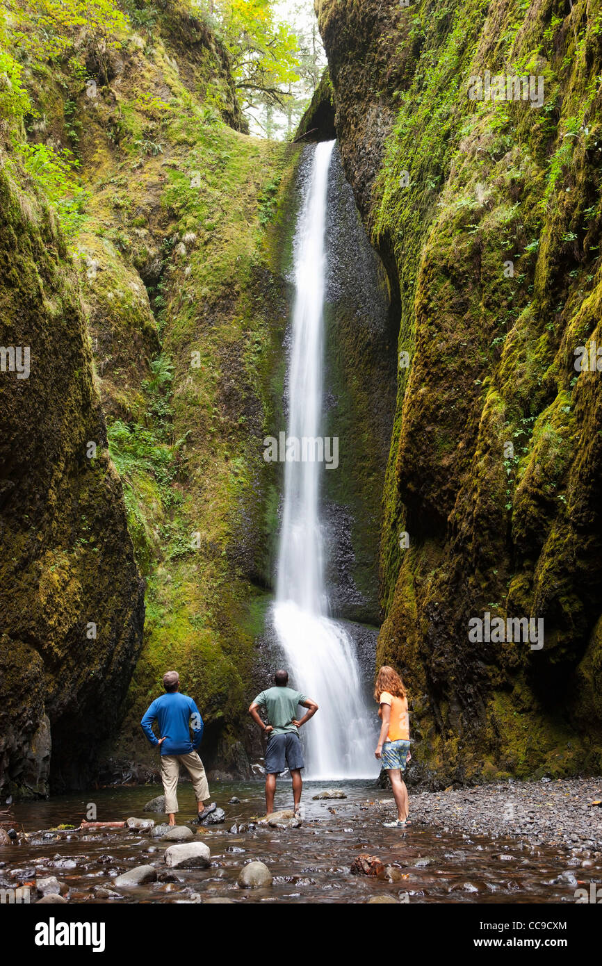 Menschen wandern und Blick auf den Wasserfall, Oneonta Schlucht, Oregon, USA Stockfoto