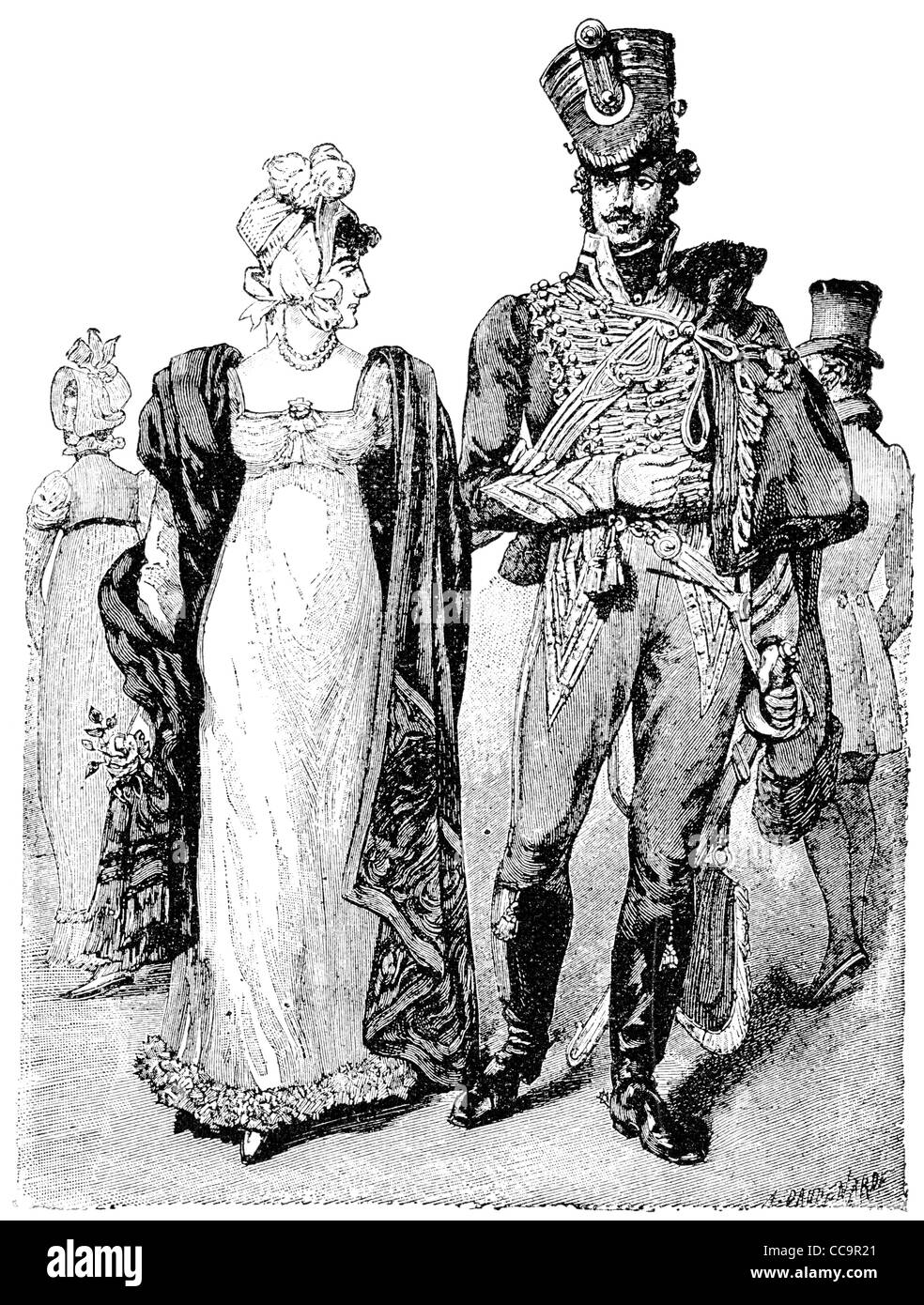 Traditionelle Kleidung der Zeit Napoleon I. Husaren und eine Frau zusammen. Stockfoto