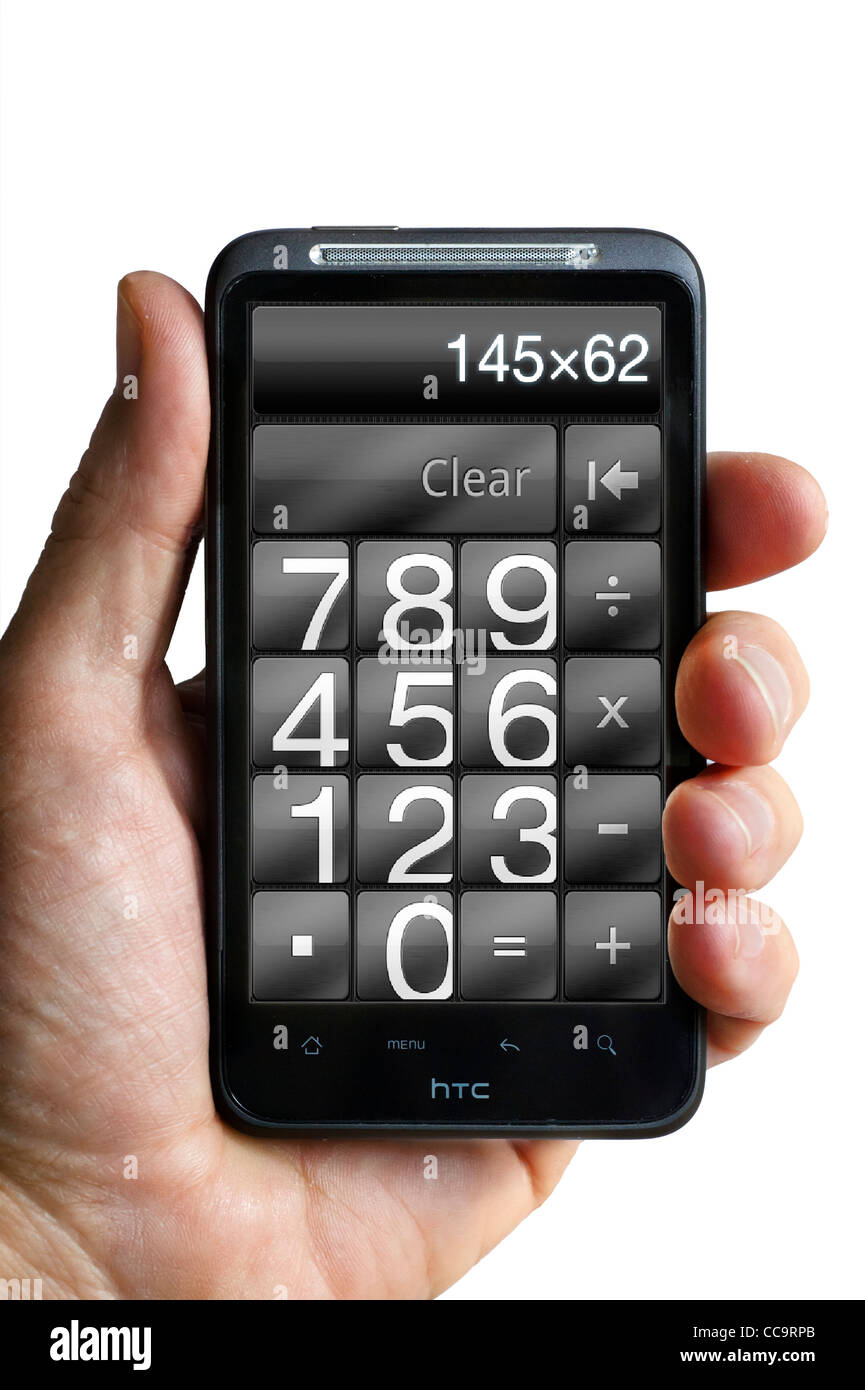 Verwenden des Rechners auf einem HTC-smartphone Stockfoto