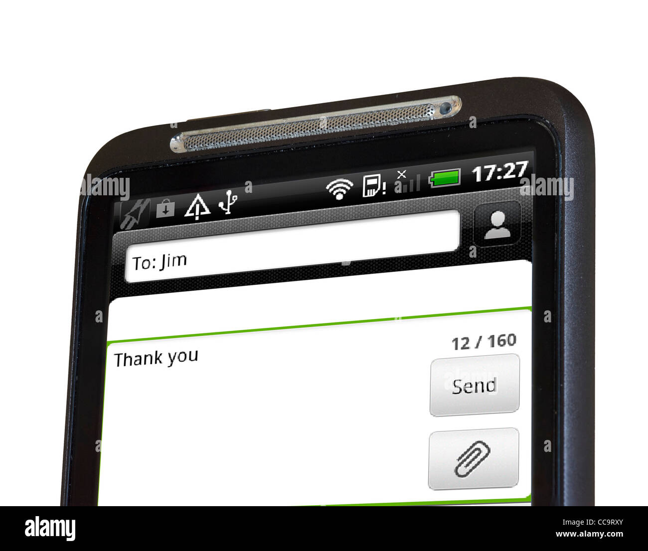 Senden eine SMS-Nachricht auf einem android HTC-smartphone Stockfoto