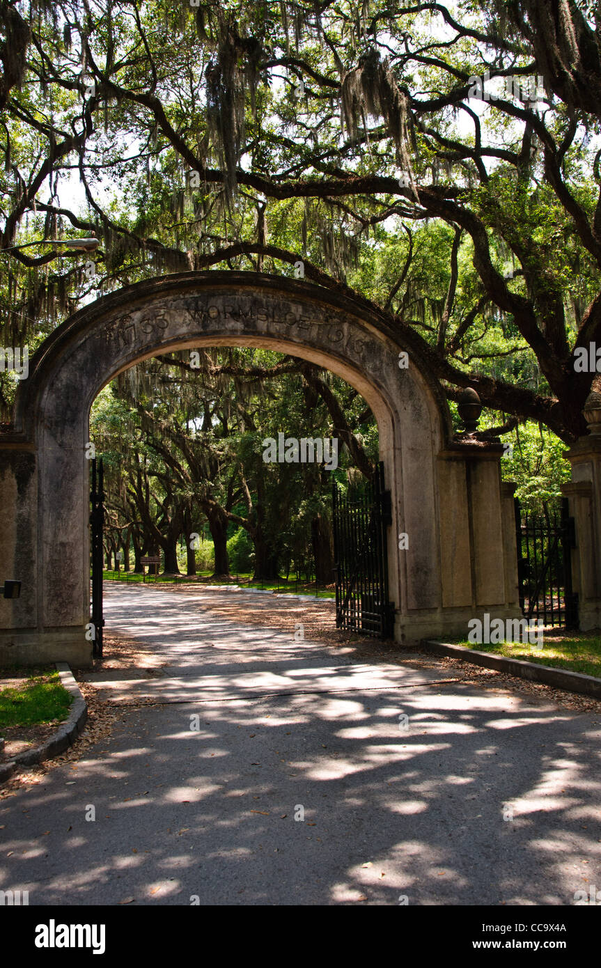 Eingangstor zur Wormslow State Historic Site, Skidaway Road, Savannah, Georgia Stockfoto