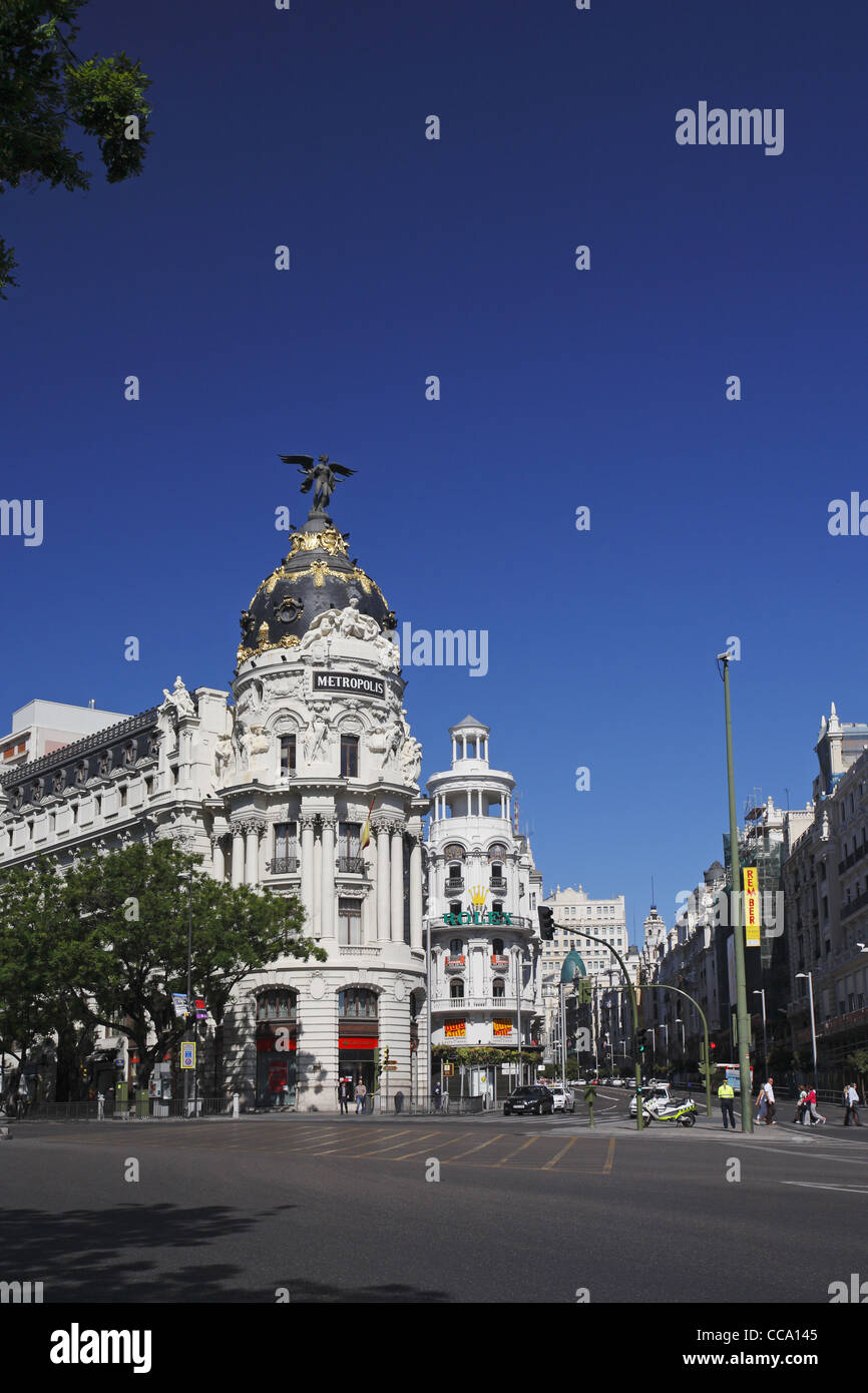 Die Metropolis-Gebäude befindet sich in Gran Vía und Alcalá Straße, Madrid, Spanien Stockfoto