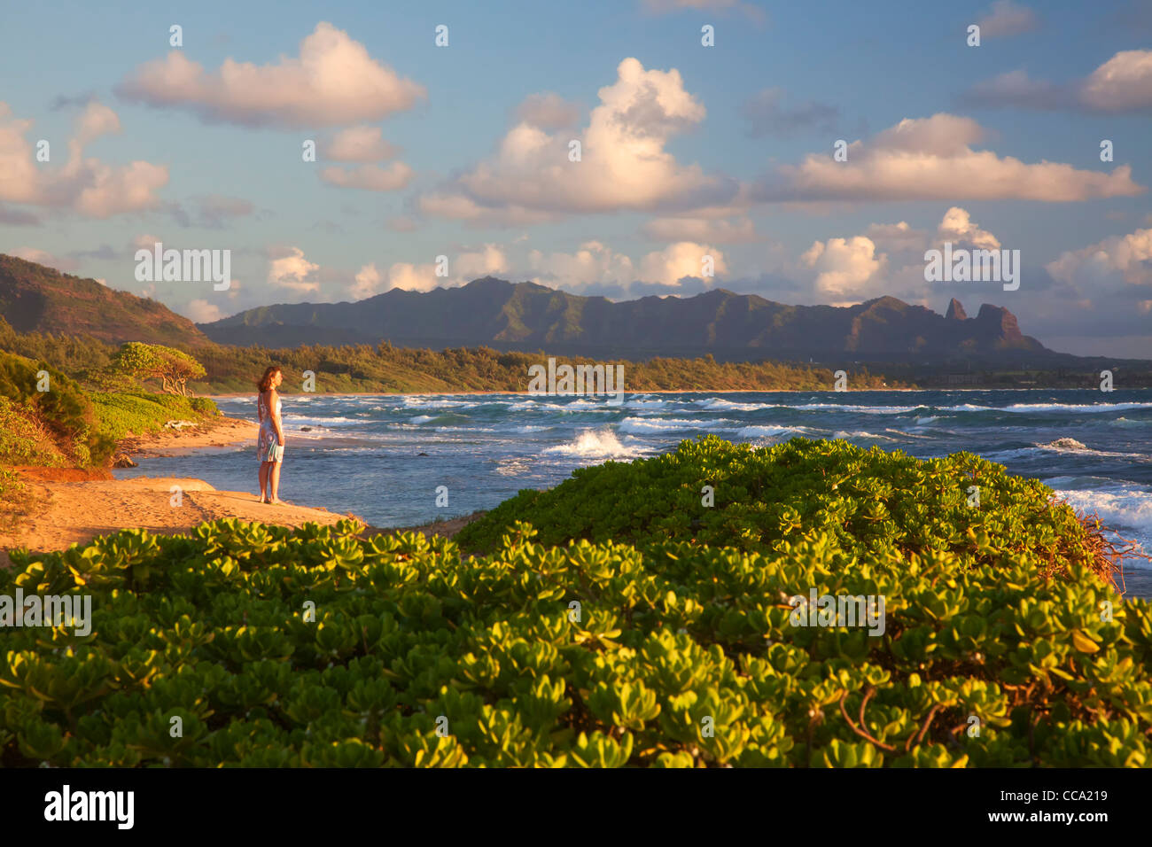 Ein Besucher auf Nukoli'i Strand, auch bekannt als Küchen, Kauai, Hawaii. (Modell freigegeben) Stockfoto