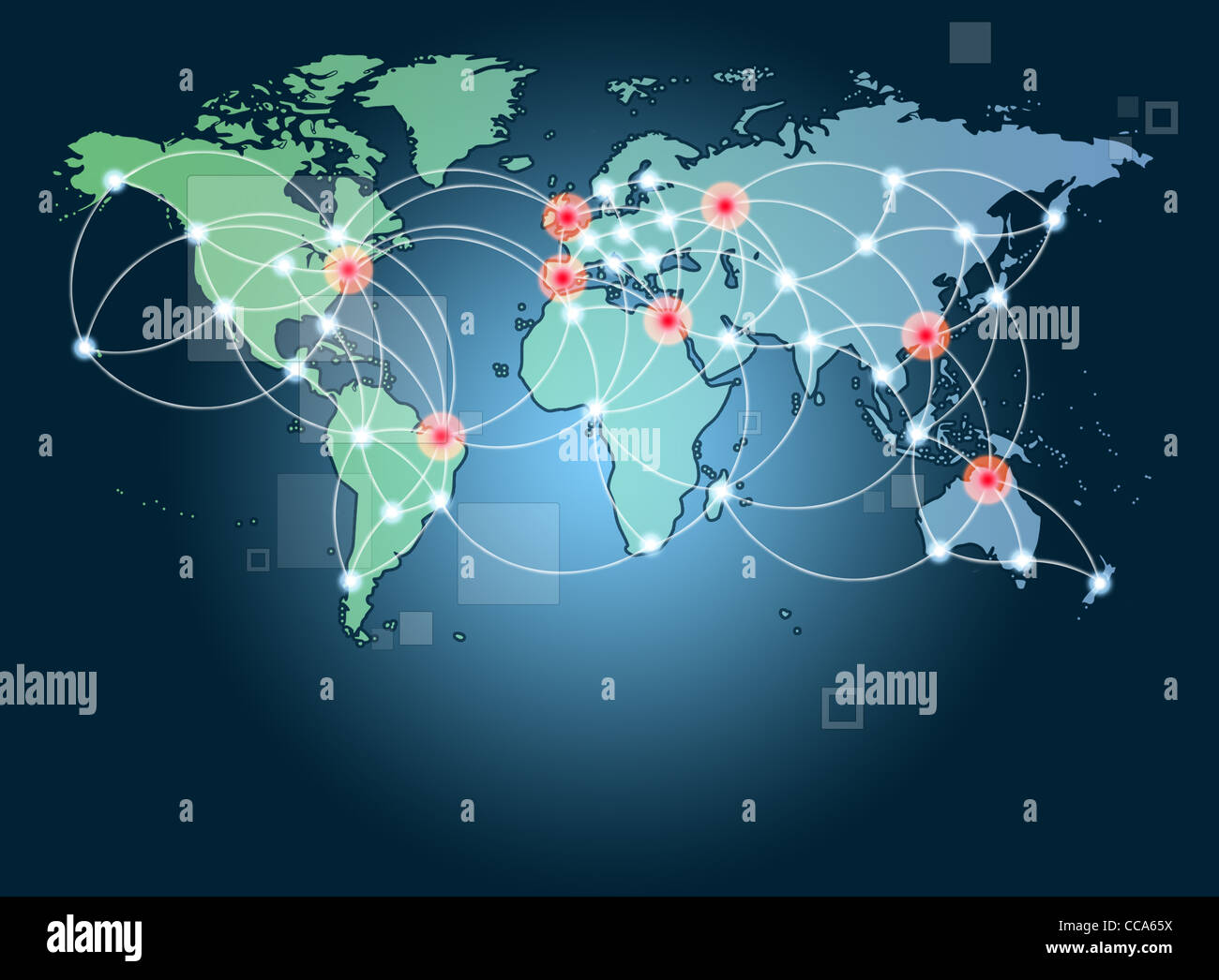 Globale Vernetzung Symbol der internationalen Komunikation mit eine Welt-Karte-Konzept mit Verbindungstür Technologie Gemeinschaften Stockfoto