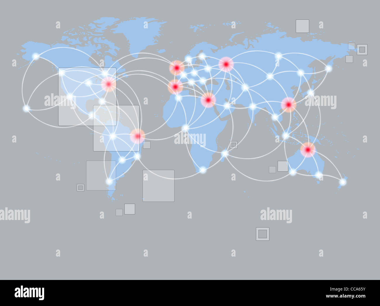 Globale Vernetzung Symbol der internationalen Komunikation mit eine Welt-Karte-Konzept mit Verbindungstür Technologie Gemeinschaften Stockfoto