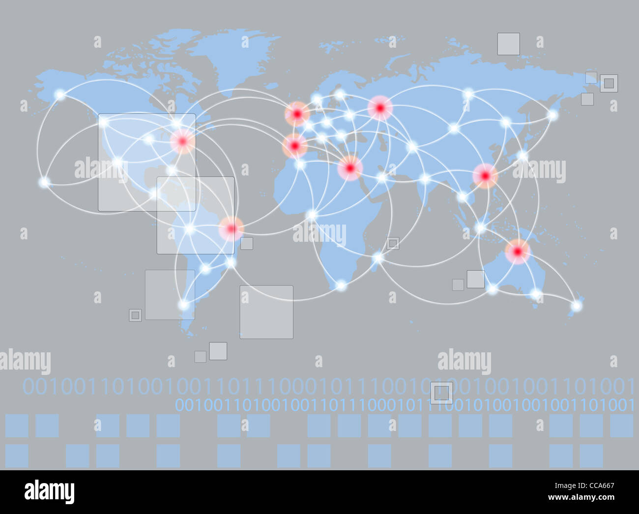 Globale Vernetzung Symbol der internationalen Komunikation mit eine Welt-Karte-Konzept mit Verbindungstür Technologie Gemeinschaften Stockfoto
