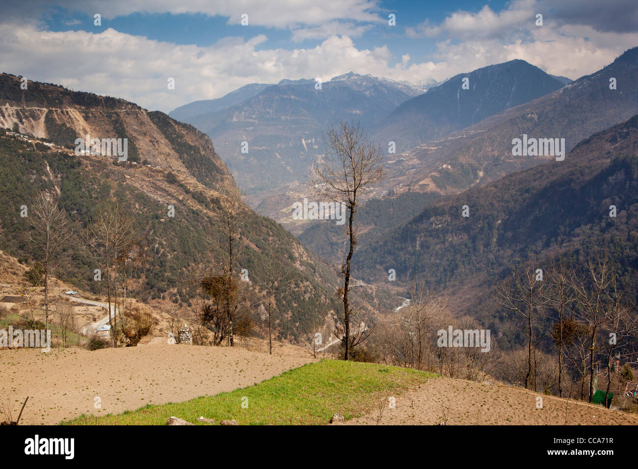 Indien, Arunachal Pradesh, Tawang Tal, abgelegenen Bergdorf oberhalb Jang landwirtschaftliche Felder bebaut Stockfoto