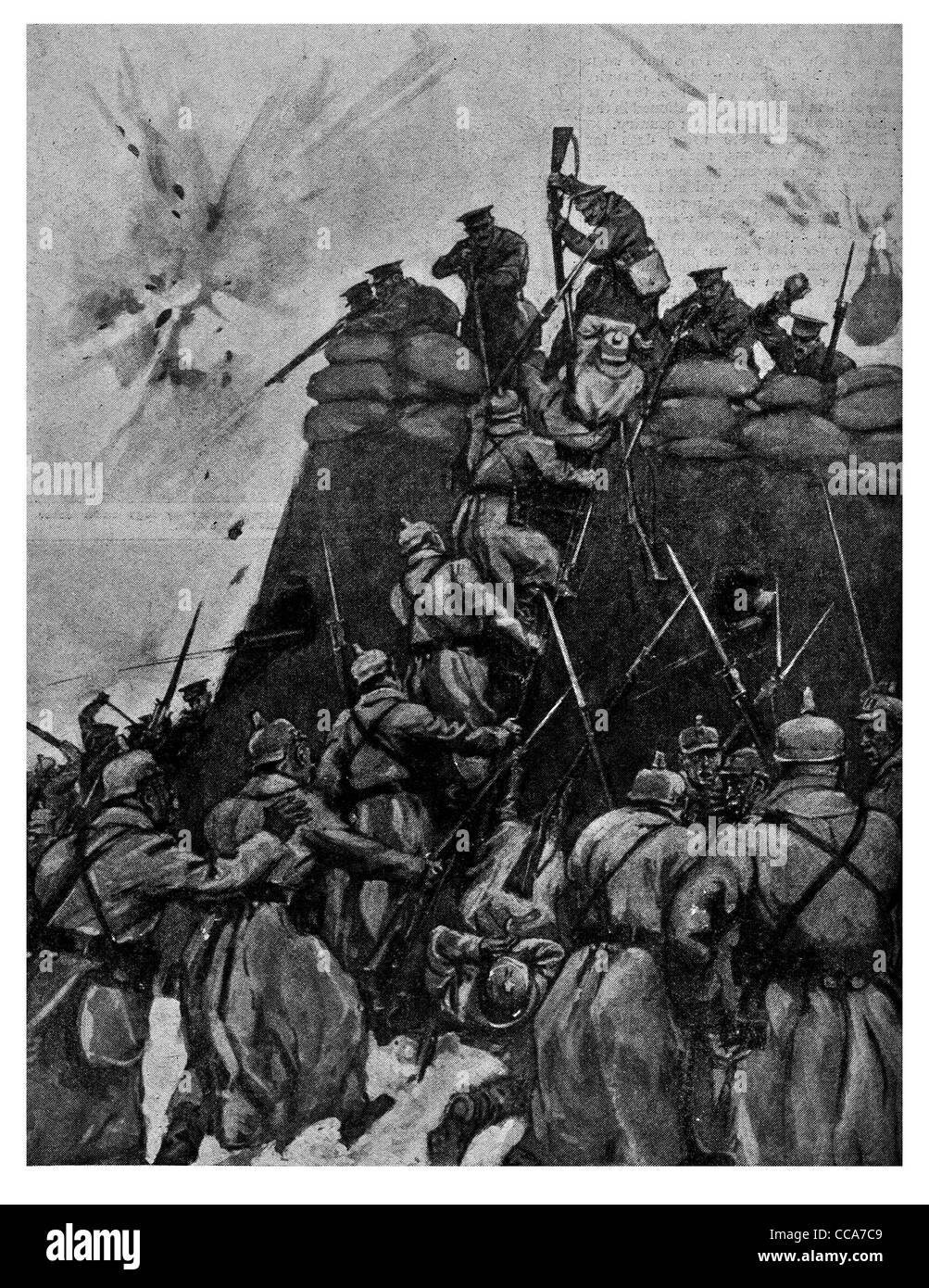 1915 britische Truppen verteidigen La Bassee Bethune Straße 29. Jan deutsche Skalierung Leitern Sussex Regiment massierten kämpfen schießen Schuss Stockfoto