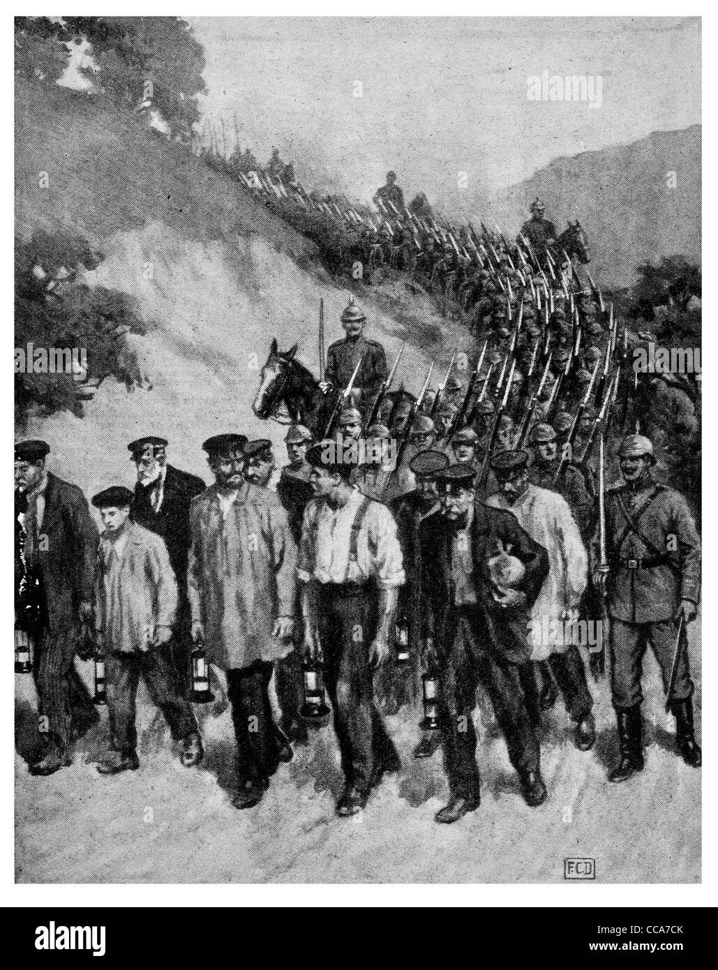 Belgische Bergleute menschliches Schutzschild Deutsch 1914 Feigheit Coward böse Taktik marschierenden Spalte Miner unschuldige grausam Gewehr Bajonett Stockfoto