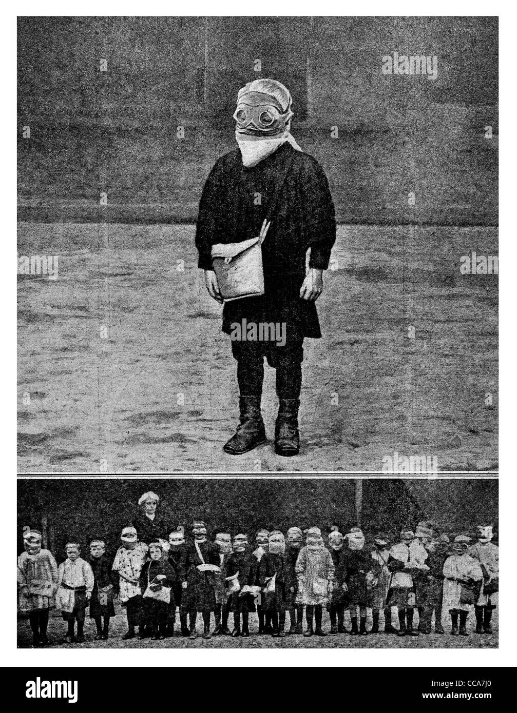 1916 chemische Kriegsführung Waffe reißen Senfgas Atemschutzmaske vergiften goggles Schulkinder Rheims Säugling Kinderschutz Stockfoto