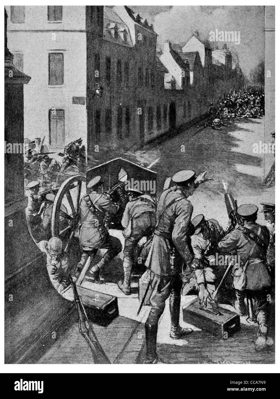 25. August 1914 britischen Korps I Maschinengewehr deutschen Spalte Landrecies Kanonier Munitionskiste, die Frankreich feuern gebrannt Waffe Offizier Stockfoto