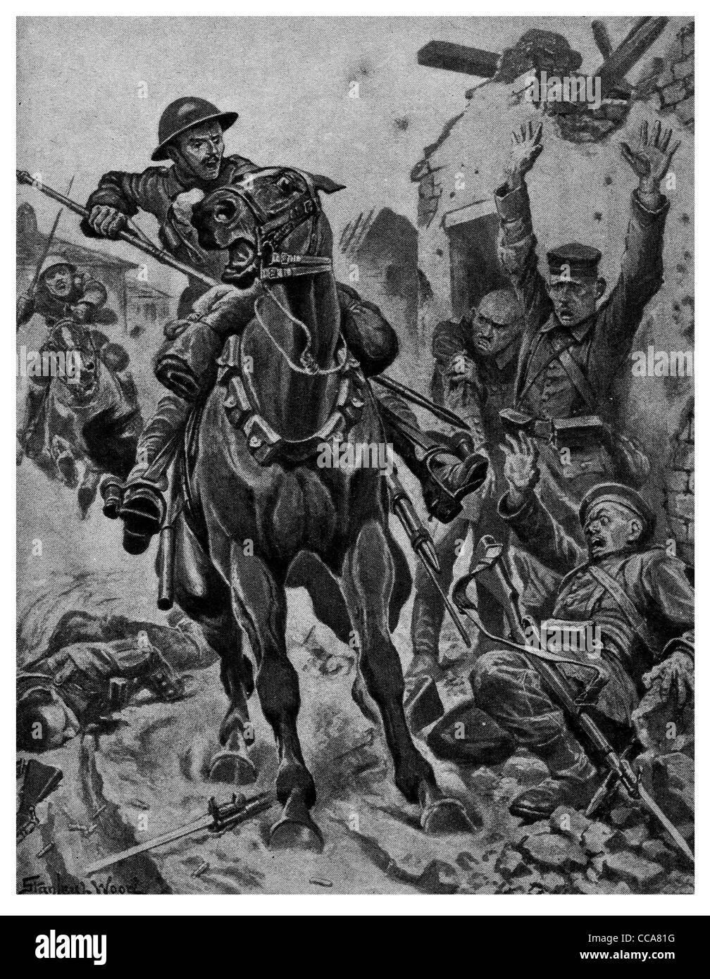 1917 britische Kavallerie laden auf Deutsch Hun Ladung saber Lanze Bajonett Gewehr Offizier Schutt Terror Schock Sattel reiten Stockfoto
