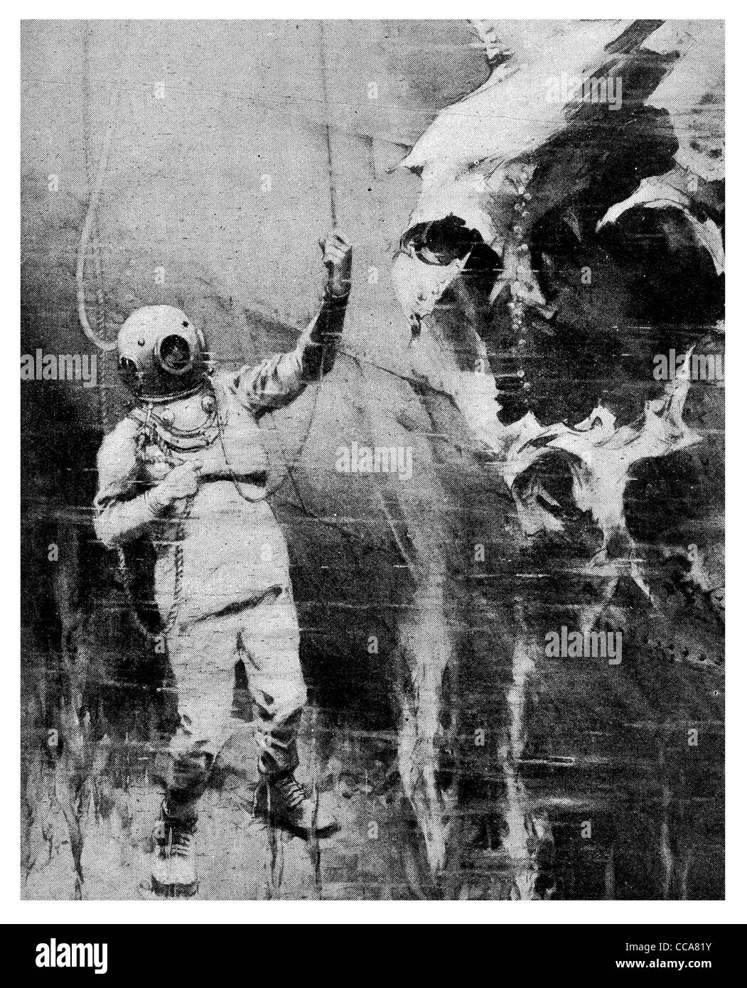 1918 Deutsch versenkt u-Boot durch britische Taucher Marineoffizier Scuba Messing Helm Ausrüstung Untersuchung überprüft Stockfoto