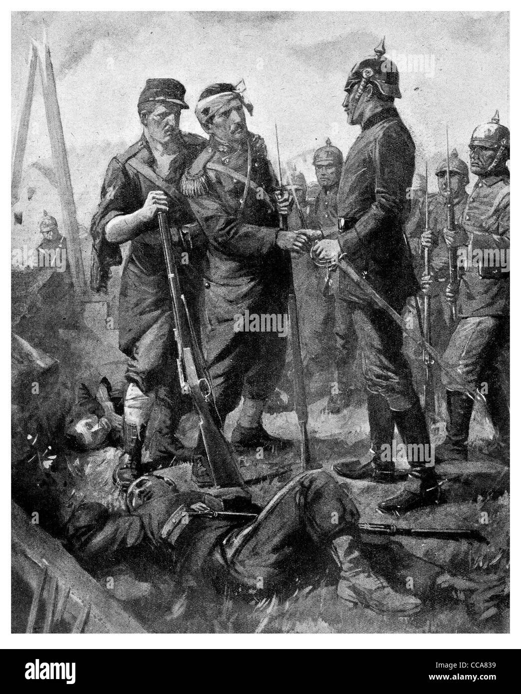 1914 am 11. September deutscher Offizier schüttelt Hand französischer Soldat Tapferkeit tapferer zuletzt stehen Gewehr Bajonett Graben toten Körpern Stockfoto