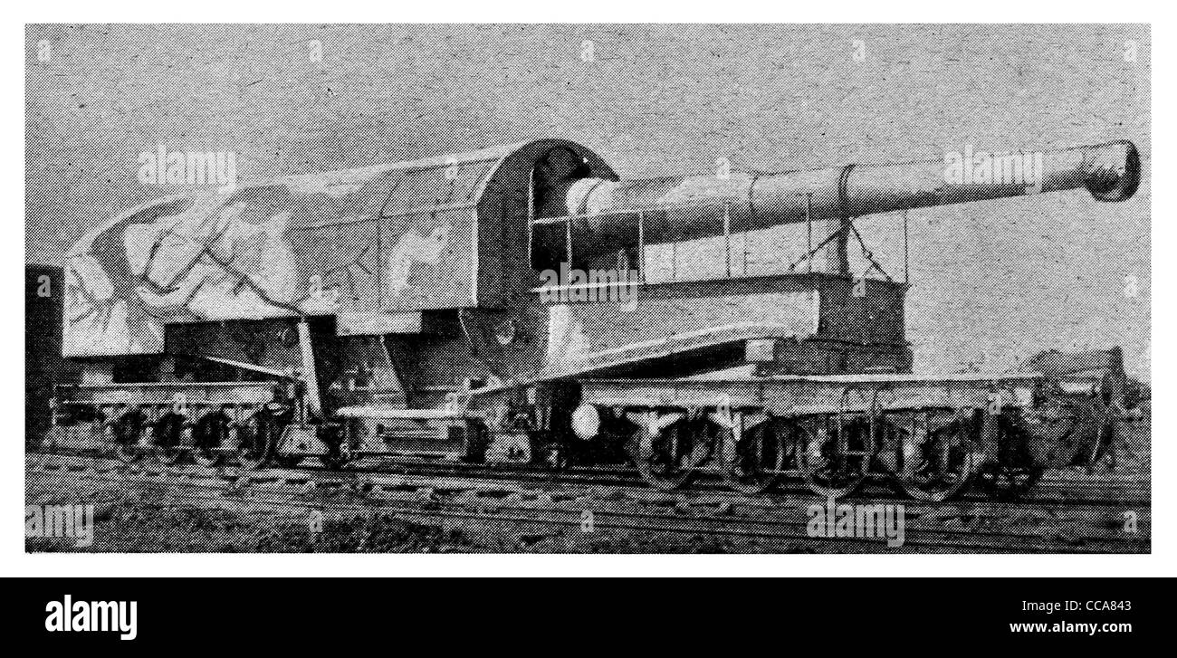 1916 Kanone Deutsche Bahn Zug Riese Artillerie Lauf Bahn Kanone Belagerung Waffe Tarnung Haubitze Akku Stockfoto