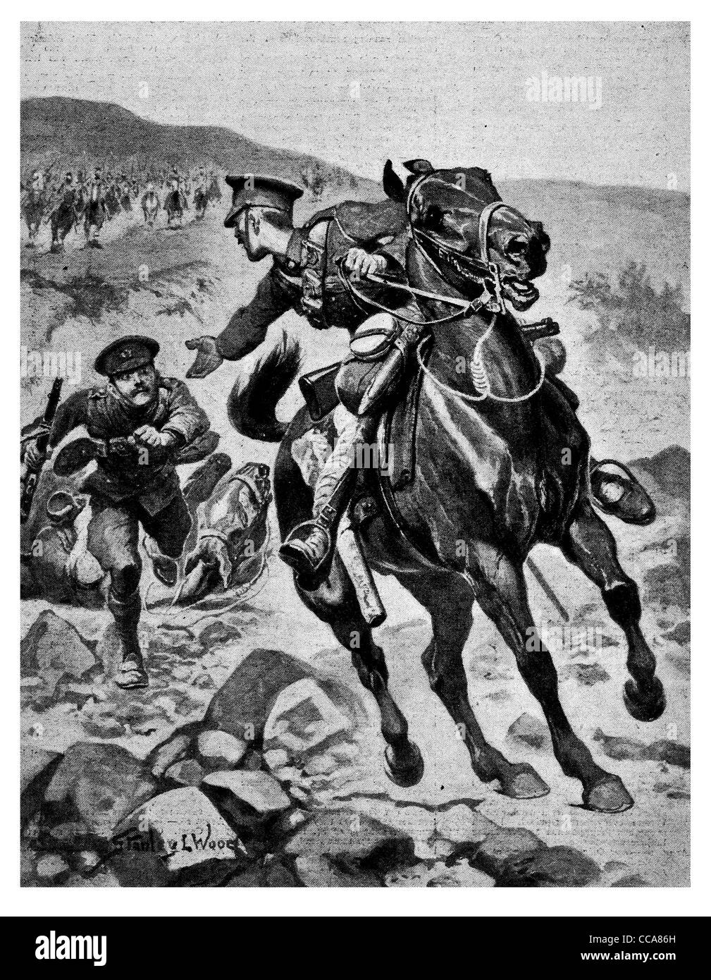 1916-Einsparung Genosse ziehen britische Kavallerie satteln Flucht Rettung mutig Reitpferd weglaufen Angst Hilfe hilft sparen Sicherheit Stockfoto