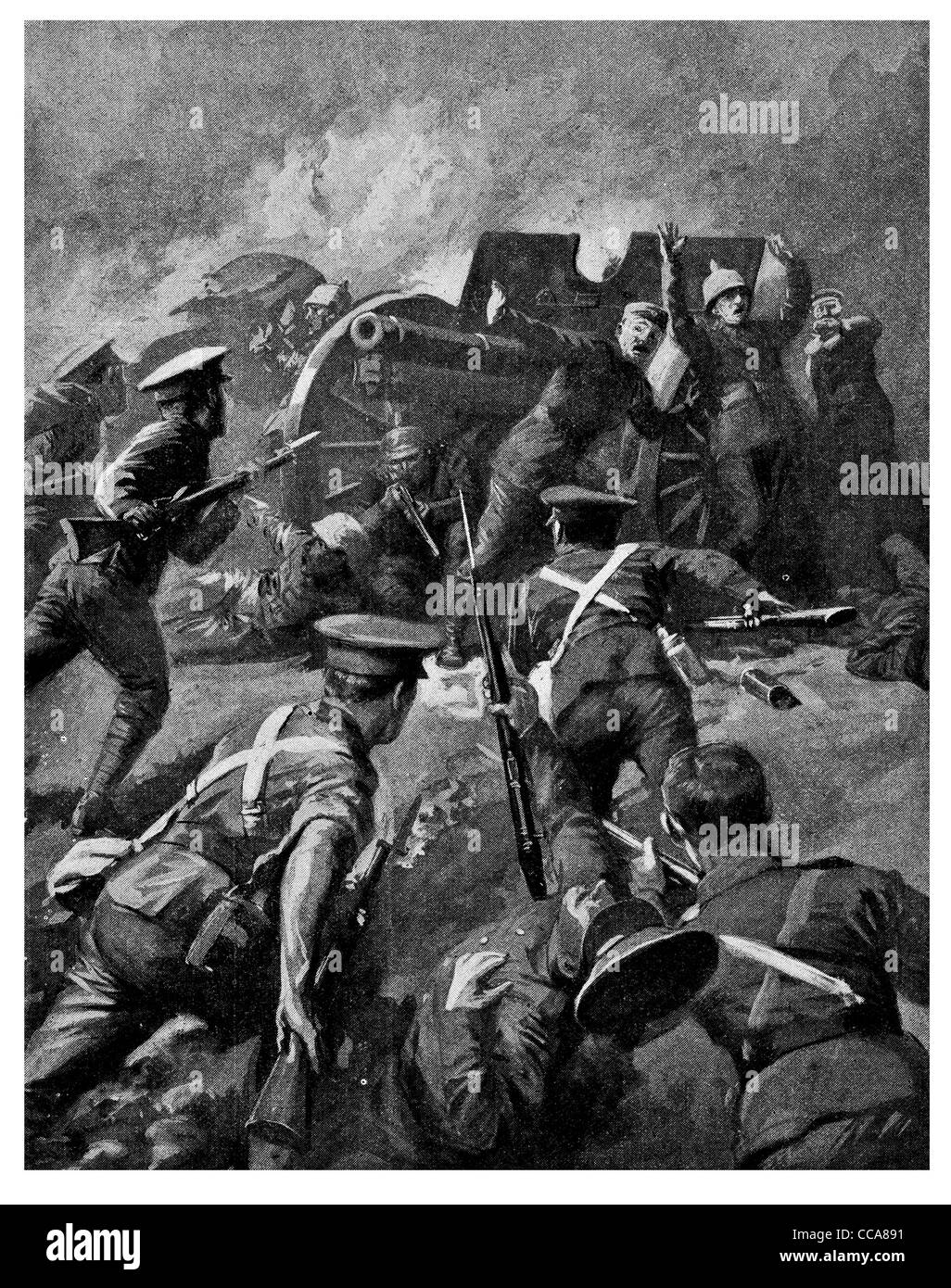 1915 deutsche "Gunners" betteln Barmherzigkeit Artillerie Gewehr Bajonett Hingabe an späten Schütze kostenlos Graben Tapferkeit tapferer britischer Offizier Stockfoto