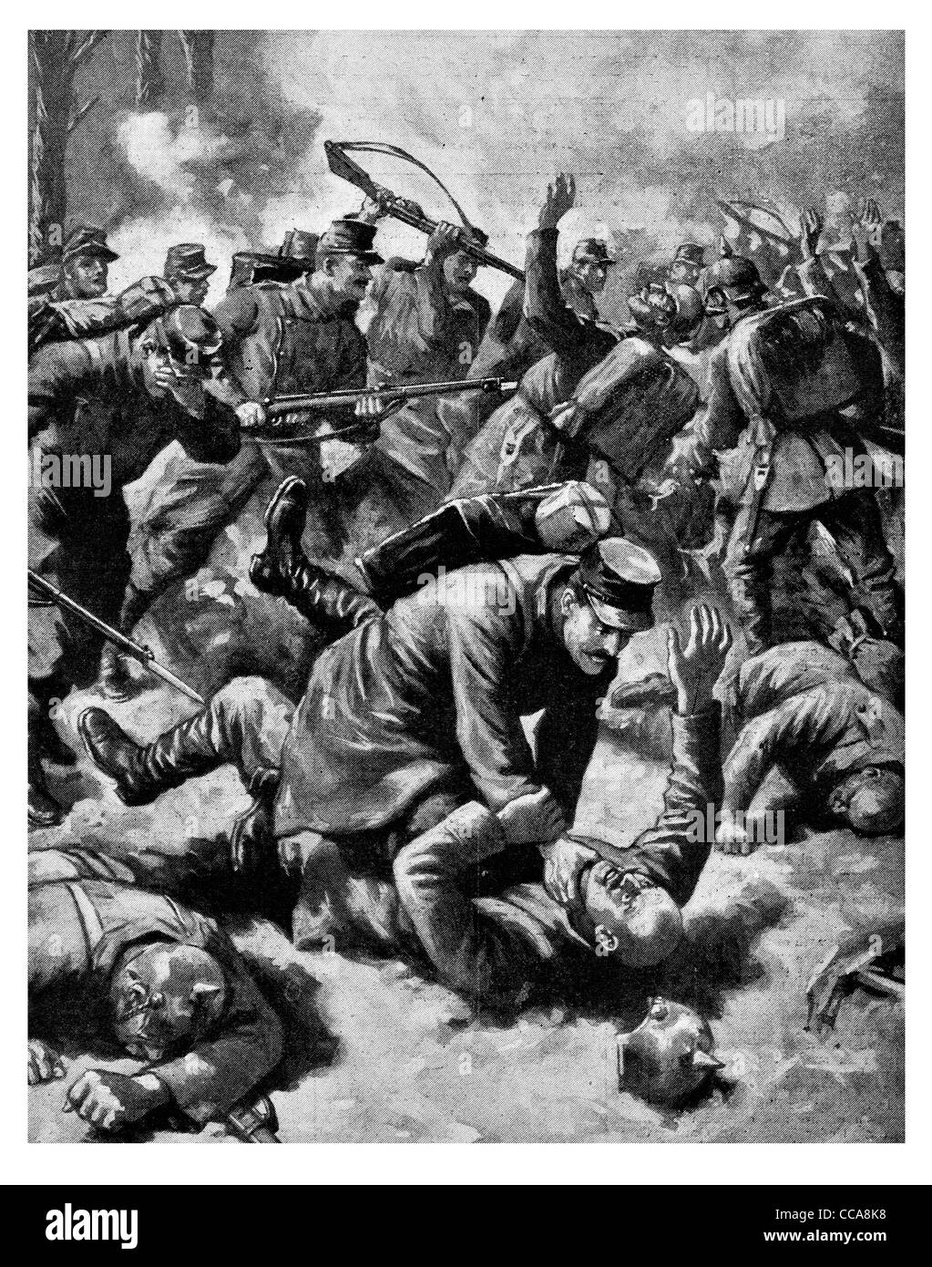 1915 deutscher Soldat betteln Barmherzigkeit Hingabe Französisch Soldaten erwürgen Drosselung Hand bekämpfen Angst Wut Gewehr Bajonett Terror Hölle Stockfoto