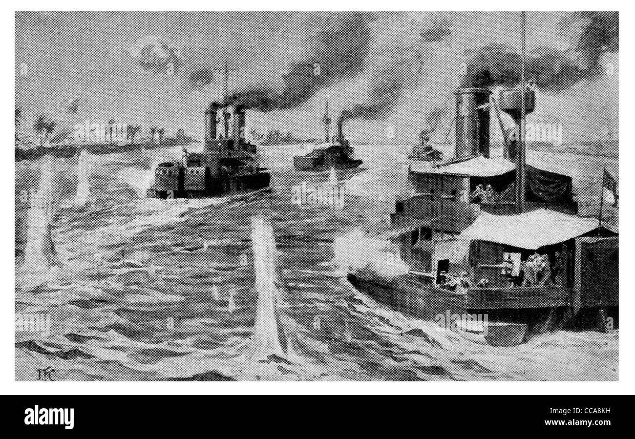 1917-britische Monitore Aktion Tigris-Fluss Royal Navy Marine HMS Dampfer Dampf Schiff Bombardierung bombardiert Artillerie-Feuer-Maschinengewehr Stockfoto