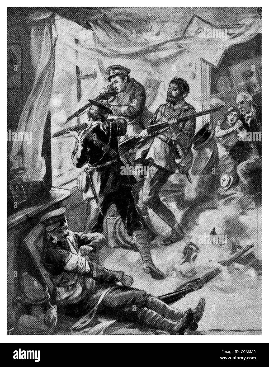 Bedfordshire Regiment Fire down deutsche Spalte Schießen Gewehr erschossen verletzt verletzten Hinterhalt Überraschung Angriffsfenster Stockfoto