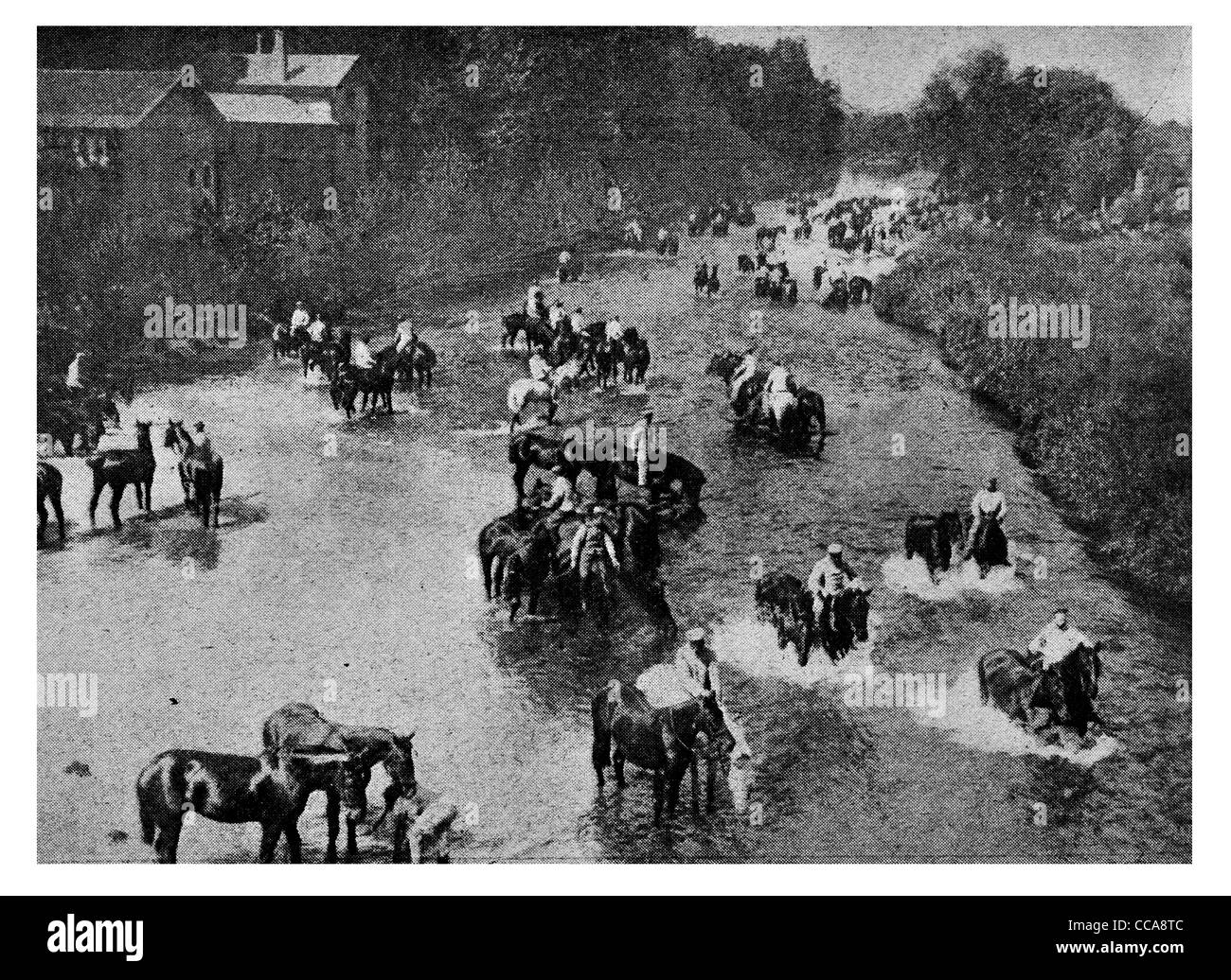 1915 deutschen Invasoren Frankreich Bewässerung Pferde Pferd Stream Kavallerie Fütterung Rest Flussufer Stockfoto