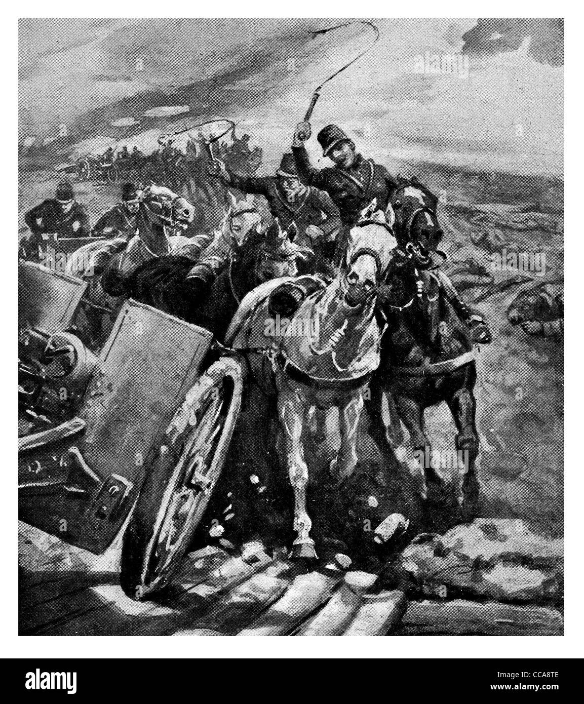 1915 French 75 Dash in Action Artillerie Pferd gezeichnet Peitsche peitschen Batterie Kanonier "Gunners" Kanone Stockfoto