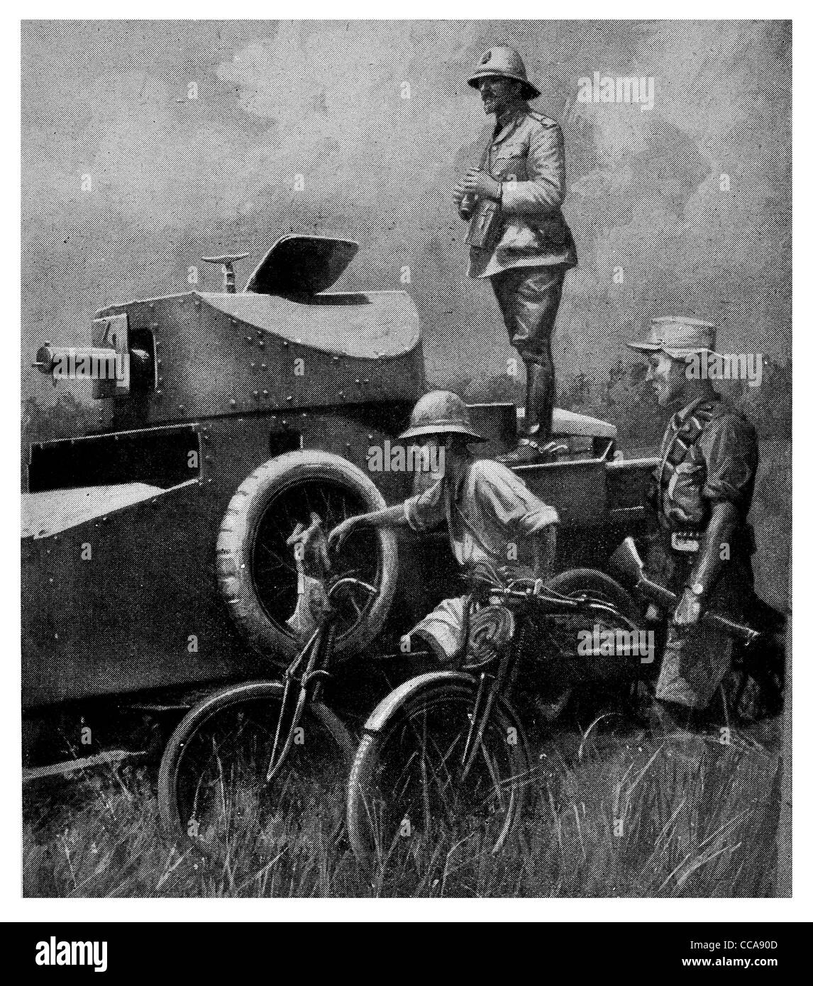 1916 Ostafrika General Smuts britische Kraft Panzerwagen Fahrzeug Fahrrad Reserverad Tank Turm Maschinengewehr Safari Grünland Stockfoto