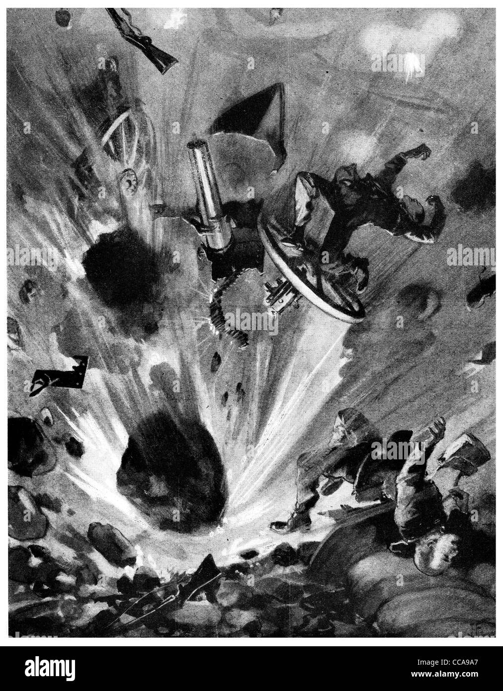 1914 explodierte Französisch Landgrube zerstören deutsche Pistole Gunner Felsen Erde Zerstörung Explosion geworfen fliegenden Mann Männer Bombenanschlag Stockfoto