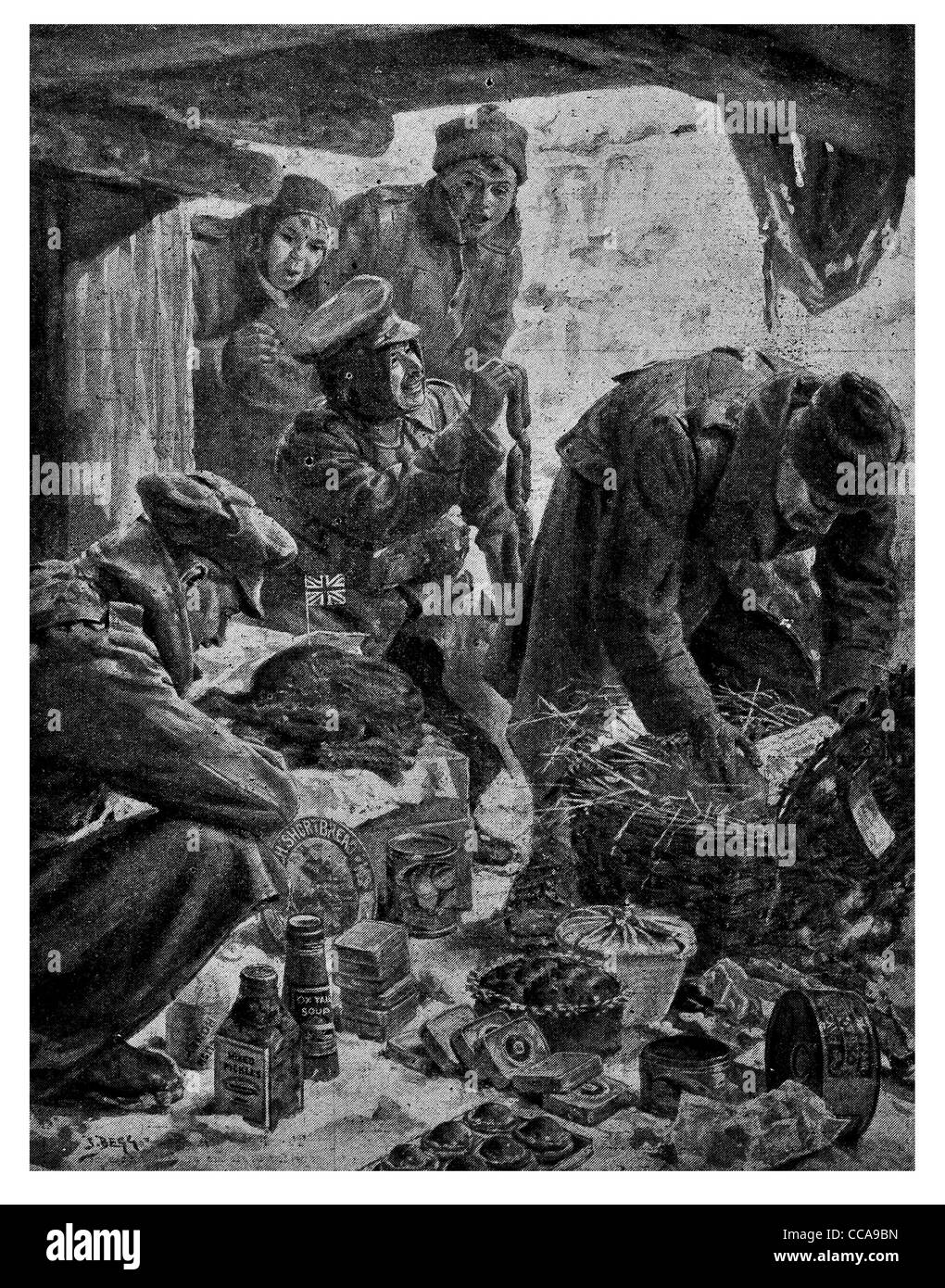 1915 präsent nach Hause Heiligabend Nordfrankreich Graben gegraben Türkei Sardinen Kuchen Konserven Dose Schokolade freudige Überraschung Stockfoto