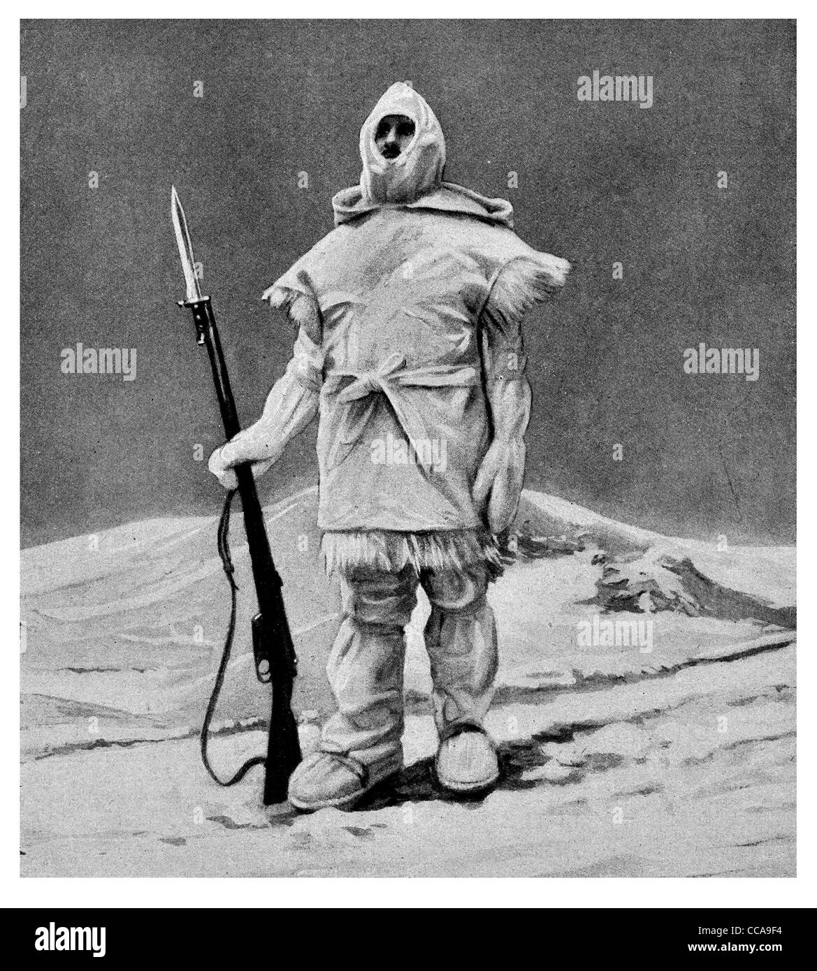 1916 Phantom Sentinel moderne Kriegsführung Ausrüstung Gasmaske Stahlhelm Winter Kit italienischen alpinen Pelz Fell Jacke warm kaltes Eis Stockfoto