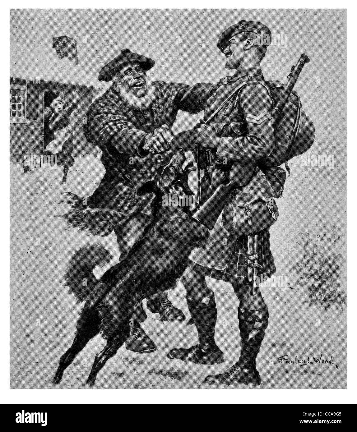 Willkommen zu Hause 1917 Highland Scots Soldaten Neujahr Weihnachten Familie Winterschnee Schottland glücklich Hund Gewehr Kilt präsentieren festliche Stockfoto